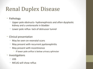 Renal Duplex Disease
• Pathology
• Upper pole obstructs- hydronephrosis and often dysplastic
kidney and a ureterocele in bladder
• Lower pole reflux- lack of detrussor tunnel

• Clinical presentation
• May be seen on neonatal scans
• May present with recurrent pyelonephritis
• May present with incontinence
• If lower pole orifice is below urinary sphincter

• Investigations
• USS
• MCUG-will show reflux

 