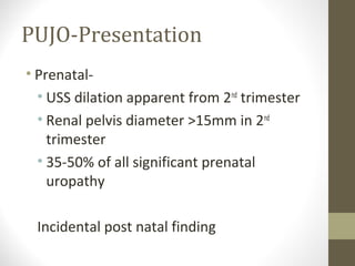 PUJO-Presentation
• Prenatal• USS dilation apparent from 2nd trimester
• Renal pelvis diameter >15mm in 2nd
trimester
• 35-50% of all significant prenatal
uropathy
Incidental post natal finding

 