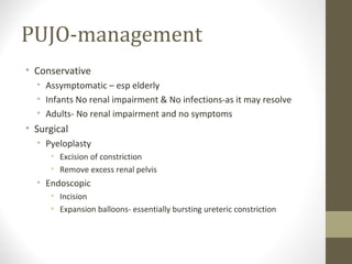PUJO-management
• Conservative
• Assymptomatic – esp elderly
• Infants No renal impairment & No infections-as it may resolve
• Adults- No renal impairment and no symptoms

• Surgical
• Pyeloplasty
• Excision of constriction
• Remove excess renal pelvis

• Endoscopic
• Incision
• Expansion balloons- essentially bursting ureteric constriction

 