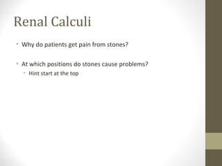 Renal Calculi
• Why do patients get pain from stones?
• At which positions do stones cause problems?
• Hint start at the top

 