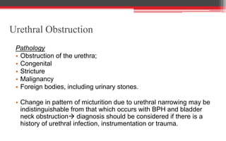 Urethral Obstruction
Pathology
• Obstruction of the urethra;
• Congenital
• Stricture
• Malignancy
• Foreign bodies, including urinary stones.
• Change in pattern of micturition due to urethral narrowing may be
indistinguishable from that which occurs with BPH and bladder
neck obstruction diagnosis should be considered if there is a
history of urethral infection, instrumentation or trauma.
 