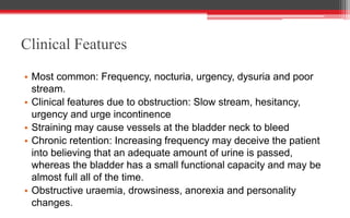 Clinical Features
• Most common: Frequency, nocturia, urgency, dysuria and poor
stream.
• Clinical features due to obstruction: Slow stream, hesitancy,
urgency and urge incontinence
• Straining may cause vessels at the bladder neck to bleed
• Chronic retention: Increasing frequency may deceive the patient
into believing that an adequate amount of urine is passed,
whereas the bladder has a small functional capacity and may be
almost full all of the time.
• Obstructive uraemia, drowsiness, anorexia and personality
changes.
 