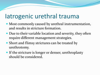 Iatrogenic urethral trauma
 Most commonly caused by urethral instrumentation,
and results in stricture formation.
 Due to their variable location and severity, they often
require different management strategies.
 Short and flimsy strictures can be treated by
urethrotomy.
 If the stricture is longer or denser, urethroplasty
should be considered.
 