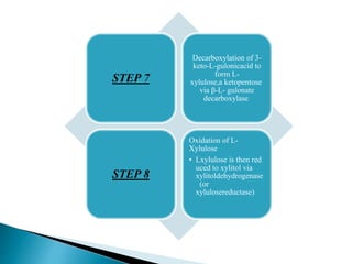 STEP 7
Decarboxylation of 3-
keto-L-gulonicacid to
form L-
xylulose,a ketopentose
via β-L- gulonate
decarboxylase
STEP 8
Oxidation of L-
Xylulose
• Lxylulose is then red
uced to xylitol via
xylitoldehydrogenase
(or
xylulosereductase)
 