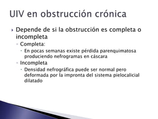  Depende de si la obstrucción es completa o
incompleta
◦ Completa:
 En pocas semanas existe pérdida parenquimatosa
produciendo nefrogramas en cáscara
◦ Incompleta
 Densidad nefrográfica puede ser normal pero
deformada por la impronta del sistema pielocalicial
dilatado
 