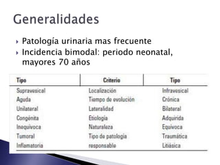  Patología urinaria mas frecuente
 Incidencia bimodal: periodo neonatal,
mayores 70 años
 