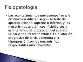  Los acontecimientos que acompañan a la
obstrucción difieren según se trate del
aparato urinario superior o inferior, y los
mecanismos anatómicos, fisiológicos y
esfinterianos de protección del aparato
urinario son trascendentales. La dilatación
progresiva de la vía excretora y la
hiperpresión son los mecanismos
responsables más relevantes.
 