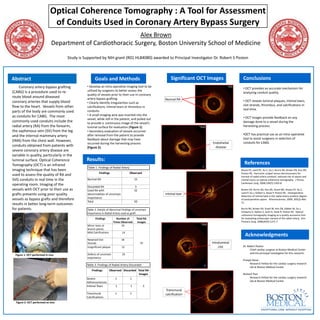 Optical Coherence Tomography : A Tool for Assessment
                               of Conduits Used in Coronary Artery Bypass Surgery
                                                              Alex Brown
                               Department of Cardiothoracic Surgery, Boston University School of Medicine

                                    Study is Supported by NIH grant (R01 HL84080) awarded to Principal Investigator Dr. Robert S Poston



Abstract                                             Goals and Methods                                  Significant OCT Images           Conclusions
    Coronary artery bypass grafting           • Develop an intra-operative imaging tool to be
                                                                                                                                         • OCT provides an accurate mechanism for
(CABG) is a procedure used to re-             utilized by surgeons to better assess the
                                                                                                                                         analyzing conduit quality.
                                              quality of vessels prior to their use in coronary
route blood around diseased                   artery bypass grafting.                               Normal RA                            • OCT reveals luminal plaques, intimal tears,
coronary arteries that supply blood           • Clearly identify irregularities such as
flow to the heart. Vessels from other                                                                                                    clot strands, thrombus, and calcifications in
                                              calcifications, intimal tears or thrombus in
                                              conduits.                                                                                  real-time.
parts of the body are commonly used
as conduits for CABG. The most                • A small imaging wire was inserted into the
                                              vessel, while still in the patient, and pulled out                                         • OCT Images provide feedback on any
commonly used conduits include the            to provide a continuous image of the vessel’s                                              damage done to a vessel during the
radial artery (RA) from the forearm,          luminal surface for evaluation (Figure 1).                                                 harvesting process.
the saphenous vein (SV) from the leg          • Secondary evaluation of vessels occurred
and the internal mammary artery               after removal from the patient to provide                                                  •OCT has practical use as an intra-operative
                                              feedback about damage that may have                                                        tool to assist surgeons in selection of
(IMA) from the chest wall. However,                                                                                                      conduits for CABG.
                                              occurred during the harvesting process                                     Endothelial
conduits obtained from patients with          (Figure 2).                                                                  disease
severe coronary artery disease are
variable in quality, particularly in the
luminal surface. Optical Coherence            Results:
Tomography (OCT) is an infrared                                                                                                            References
                                               Table 1: Findings of Radial Artery
imaging technique that has been                                                                                                         Brazio PS, Laird PC, Xu C, Gu J, Burris NS, Brown EN, Kon ZN,
                                                        Findings                    Observed                                            Poston RS. Harmonic scalpel versus electrocautery for
used to assess the quality of RA and                                                                                                    harvest of radial artery conduits: reduced risk of spasm and
SVG conduits in real time in the              Normal RA                                 15                                              intimal injury on optical coherence tomography. J Thorac
                                                                                                                                        Cardiovasc Surg. 2008;136(5):1302-8.
operating room. Imaging of the
                                              Discarded RA                               3
vessels with OCT prior to their use as        Used RA with                              32                                              Brown EN, Burris NS, Kon ZN, Grant MC, Brazio PS, Xu C,
                                                                                                                                        Laird P, Gu J, Kallam S, Desai P, Poston RS. Intraoperative
grafts prevents using poor quality            abnormalities of uncertain                            Intimal tear
                                                                                                                                        detection of intimal lipid in the radial artery predicts degree
vessels as bypass grafts and therefore        importance                                                                                of postoperative spasm. Atherosclerosis. 2009; 205(2):466-
                                              Total                                     50                                              71.
results in better long-term outcomes
for patients.                                  Table 2: Details of Abnormal Findings of uncertain                                       Burris NS, Brown EN, Grant M, Kon ZN, Gibber M, Gu J,
                                               importance in Radial Artery used as graft                                                Schwartz K, Kallam S, Joshi A, Vitali R, Poston RS. Optical
                                                                                                                                        coherence tomography imaging as a quality assurance tool
                                                     Findings           Number of        Total RA                                       for evaluating endoscopic harvest of the radial artery. Ann
                                                                      Times Observed      Images                                        Thoracic Surg. 2008;85(4):1271-7.
                                              Minor tears at                10
                                              branch points
                                              Mild Calcifications           14
                                                                                                                                           Acknowledgments
                                              Retained Clot                 18
                                              Strands                                        32                          Intraluminal
                                              Insignificant plaque          12                                                clot       Dr. Robert Poston
                                                                                                                                               Chief cardiac surgeon at Boston Medical Center
                                              Defects of uncertain          29                                                                 and the principal investigator for this research.
  Figure 1: OCT performed in vivo
                                              importance
                                                                                                                                         Pranjal Desai
                                              Table 3: Findings of Radial Artery Discarded                                                     Research Fellow for the cardiac surgery research
                                                                                                                                               lab at Boston Medical Center
                                                  Findings          Observed Discarded Total RA
                                                                                        Images                                           Richard Tran
                                              Severe                    1         1                                                            Research Fellow for the cardiac surgery research
                                              Altherosclerosis                                                                                 lab at Boston Medical Center
                                              Intimal Tears             1           1          3
                                                                                                    Transmural
                                              Transmural                1           1               calcification
                                              Calcifications
  Figure 2: OCT performed ex vivo
 