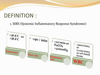 DEFINITION :
1. SIRS (Systemic Inflammatory Response Syndrome):
 