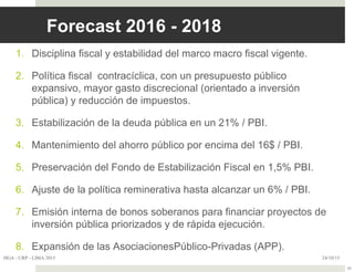Forecast 2016 - 2018
1. Disciplina fiscal y estabilidad del marco macro fiscal vigente.
2. Política fiscal contracíclica, con un presupuesto público
expansivo, mayor gasto discrecional (orientado a inversión
pública) y reducción de impuestos.
3. Estabilización de la deuda pública en un 21% / PBI.
4. Mantenimiento del ahorro público por encima del 16$ / PBI.
5. Preservación del Fondo de Estabilización Fiscal en 1,5% PBI.
6. Ajuste de la política reminerativa hasta alcanzar un 6% / PBI.
7. Emisión interna de bonos soberanos para financiar proyectos de
inversión pública priorizados y de rápida ejecución.
8. Expansión de las AsociacionesPúblico-Privadas (APP).
24/10/15HGA - URP - LIMA 2015
39
 
