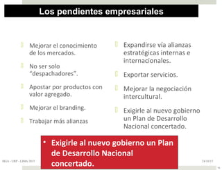 Los pendientes empresariales
 Mejorar el conocimiento
de los mercados.
 No ser solo
“despachadores”.
 Apostar por productos con
valor agregado.
 Mejorar el branding.
 Trabajar más alianzas
 Expandirse vía alianzas
estratégicas internas e
internacionales.
 Exportar servicios.
 Mejorar la negociación
intercultural.
 Exigirle al nuevo gobierno
un Plan de Desarrollo
Nacional concertado.
24/10/15HGA - URP - LIMA 2015
56
• Exigirle al nuevo gobierno un Plan
de Desarrollo Nacional
concertado.
 