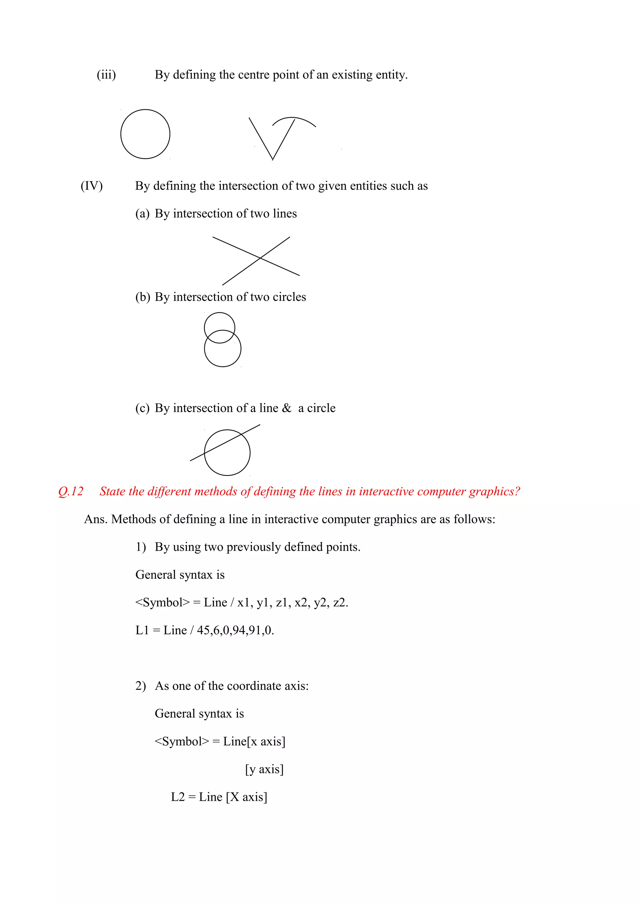 (iii) By defining the centre point of an existing entity.
(IV) By defining the intersection of two given entities such as
(a) By intersection of two lines
(b) By intersection of two circles
(c) By intersection of a line & a circle
Q.12 State the different methods of defining the lines in interactive computer graphics?
Ans. Methods of defining a line in interactive computer graphics are as follows:
1) By using two previously defined points.
General syntax is
<Symbol> = Line / x1, y1, z1, x2, y2, z2.
L1 = Line / 45,6,0,94,91,0.
2) As one of the coordinate axis:
General syntax is
<Symbol> = Line[x axis]
[y axis]
L2 = Line [X axis]
 