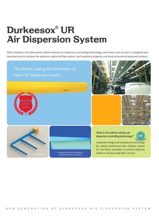 N E W G E N E R A T I O N O F D U R K E E S O X A I R D I S P E R S I O N S Y S T E M
®
Durkeesox UR
Air Dispersion System
With utilization of professional uniform velocity air dispersion controlling technology, non-linear conic air duct is designed and
manufactured to achieve the optimum spatial airflow system, best aesthetic property and most economical balanced product.
The Global Leading 5th Generation of
Fabric Air Dispersion System
Air Dispersion DirectionDiagram of
CFD Airflow System Simulation
System Diagram
What is UR uniform velocity air
dispersion controlling technology? UR
D X
U O
R S
K E E
TM
A patented design and manufacture technology
by utilizing professional iSox software system
for non-linear calculation to achieve balanced
stable air velocity inside fabric air duct.
Global patent
protected
product
 