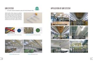 09 10
URRSYSTEM
Single-rowsuspension URR air dispersion system
High demands for aesthetic effect
URR
D X
U O
R S
K E E
TM
---- UR uniform velocity air dispersion system with Internal Retention Ring
Upgraded product---Internal support UR air dispersion
system, referred to as URR™. By perfectly integrating IRR™
(Internal retention ring system) with UR system (uniform
velocity air dispersion system), UR system remains round
and taut when deflated, absorbing all the advantages of
both products, such as more even airflow system, better
aesthetic, easier to produce, lighter weight, convenient for
packaging and transportation, simple installation,
washable, long service life, higher strength and economical.
Double-rowsuspension URR air dispersion system
DeflatedURR air dispersion system InflatedURR air dispersion system
APPLICATIONOFURRSYSTEM
URR system could keep round and taut when
deflated, especially suitable for below spaces:
---public area, such as stadium, offices, hall;
---long-term shutdown application or operation
on regular basis.
Frequently startup and shutdown under
high pressure condition.
URR system suitable for below structures:
--Industrial factory, such as auto factory, food
processing factory, etc.
Short Construction Schedule and Difficult
installation conditions.
Most of URR air dispersion system adopts single-row
suspension system, especially suitable for structures with
many Tees, elbows and other fittings or with complicated
system design or occasions where is inconvenient for
double-row bracket and support installation.
 