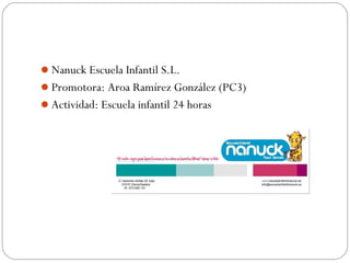 Nanuck Escuela Infantil S.L.
Promotora: Aroa Ramírez González (PC3)
Actividad: Escuela infantil 24 horas
 