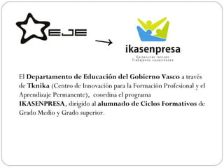 El Departamento de Educación del Gobierno Vasco a través
de Tknika (Centro de Innovación para la Formación Profesional y el
Aprendizaje Permanente),  coordina el programa
IKASENPRESA, dirigido al alumnado de Ciclos Formativos de
Grado Medio y Grado superior.
→
 