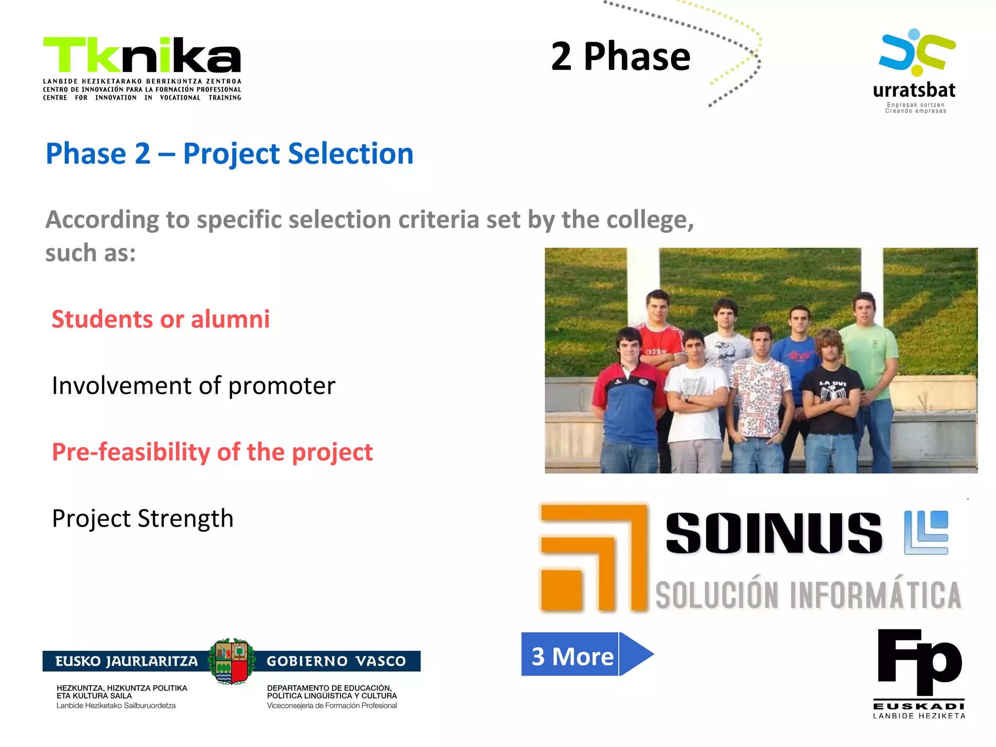 ENTREPRENEURSHIP
Phase 2 – Project Selection
According to specific selection criteria set by the college,
such as:
Students or alumni
Involvement of promoter
Pre-feasibility of the project
Project Strength
2 Phase
3 More
 