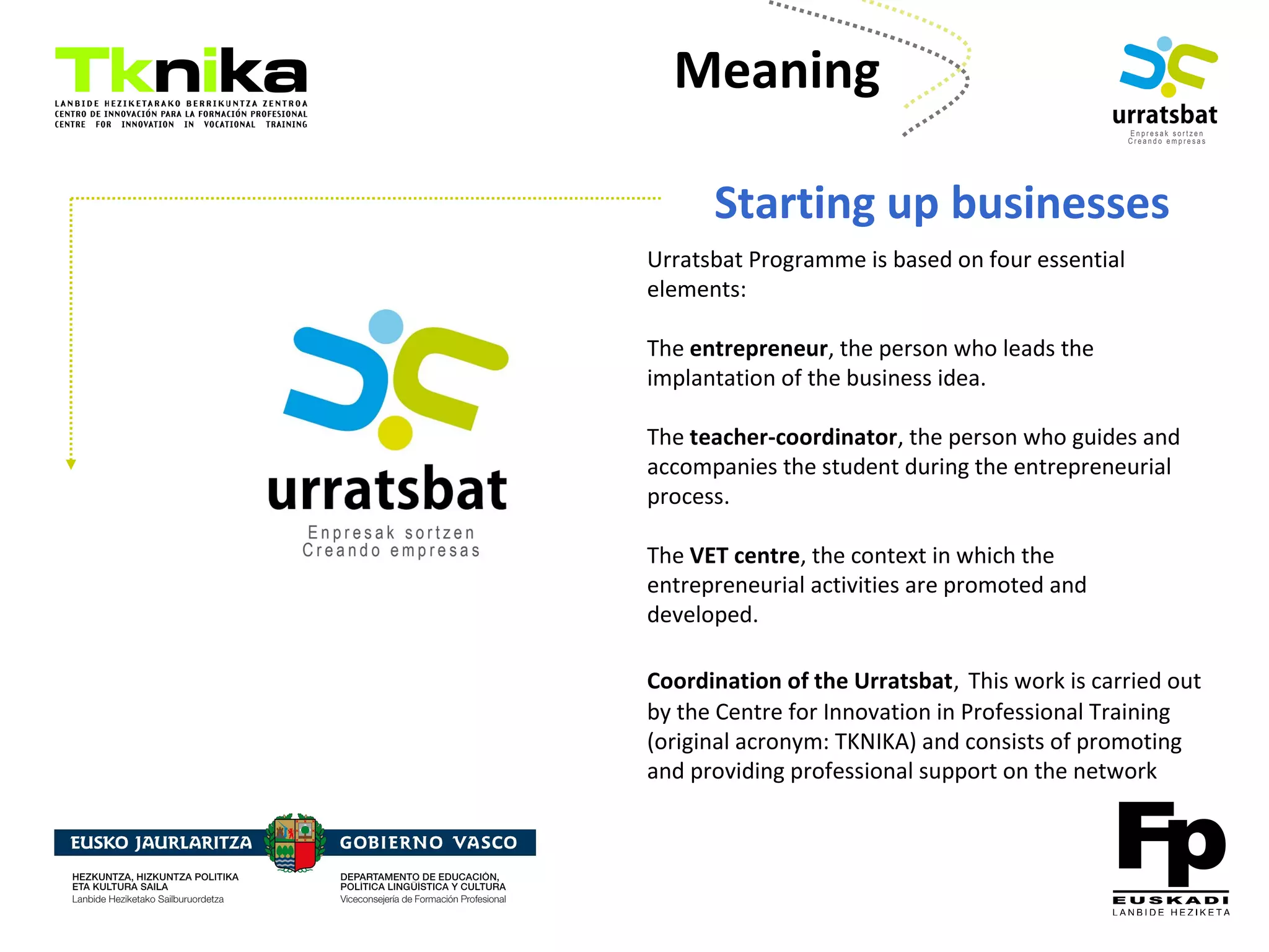 ENTREPRENEURSHIP
Meaning
Starting up businesses
Urratsbat Programme is based on four essential
elements:
The entrepreneur, the person who leads the
implantation of the business idea.
The teacher-coordinator, the person who guides and
accompanies the student during the entrepreneurial
process.
The VET centre, the context in which the
entrepreneurial activities are promoted and
developed.
Coordination of the Urratsbat, This work is carried out
by the Centre for Innovation in Professional Training
(original acronym: TKNIKA) and consists of promoting
and providing professional support on the network
 