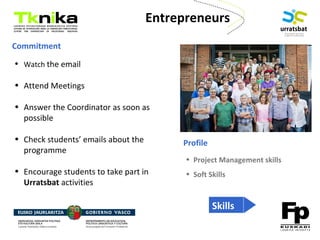 ENTREPRENEURSHIP
Entrepreneurs
• Watch the email
• Attend Meetings
• Answer the Coordinator as soon as
possible
• Check students’ emails about the
programme
• Encourage students to take part in
Urratsbat activities
Commitment
Profile
• Project Management skills
• Soft Skills
Skills
 