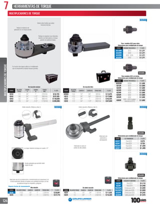 7 HERRAMIENTASDETORQUE
126
De reacción esclava
CÓDIGO
RELACIÓN
TORQUE
CUADRO
H
CUADRO
M
TORQUE
MÁX.
P. LISTA
6234 1:13 3/4” 1” 2750ft-lb 1 $ 52,725
6242 1:49 3/4” 11/2” 5800ft-lb 1 $ 97,429
6252 1:52 3/4” 11/2” 8800ft-lb 1 $ 136,605
6262 1:75 3/4” 21/2” 11750ft-lb 1 $ 205,995
Reduce el esfuerzo de
aplicación en un torque grande.
Trabaja en espacios muy reducidos
donde no es fácil aplicar un torque
grande con palancas largas.
Es mucho más seguro utilizar un multiplicador
que un torquímetro al aplicar torques grandes.
Alta relación
CÓDIGO RELACIÓN TORQUE CUADRO H CUADRO M TORQUE MÁX. P. LISTA
6226 1:15.5 1/2” 1” 2200ft-lb 1 $ 26,881
6225 1:26 1/2” 1” 3300ft-lb 1 $ 37,715
De doble reacción
CÓDIGO RELACIÓN TORQUE CUADRO H CUADRO M TORQUE MÁX. P. LISTA
6223 1:5 1/2” 3/4” 1100ft-lb 1 $ 11,935
6224 1:5 3/4” 1” 2000ft-lb 1 $ 15,320
Fabricado en acero al
carbón de alta calidad.
Ideal para uso
automotriz y
aeroespacial.
De reacción libre
CÓDIGO
RELACIÓN
TORQUE
CUADRO H CUADRO M TORQUE MÁX. P. LISTA
6202A 1:3.5 1/2” 3/4” 590ft-lb 1 $ 13,975
6212 1:3.5 3/4” 3/4” 1000ft-lb 1 $ 17,069
6222 1:12 3/4” 1” 2200ft-lb 1 $ 45,425
6232 1:12 3/4” 11/2” 3600ft-lb 1 $ 67,649
Para modelos 2013 a la fecha
Refacciones para multiplicador de torque
CÓDIGO ENGRANE PARA MODELO P. LISTA
6202AR 6202A 1 $ 1,600
6212R 6212 1 $ 1,600
6222R 6222 1 $ 1,600
6232R 6232 1 $ 1,600
6234R 6234 1 $ 1,600
6242R 6242 1 $ 1,600
6252R 6252 1 $ 1,600
6262R 6262-(6252modelos
anterioresal2013) 1 $ 1,600
Para modelos 2013 para atrás
Refacciones para multiplicador de torque
CÓDIGO ENGRANE PARA MODELO P. LISTA
6212RR 6212 1 $ 1,371
6222RR 6222 1 $ 1,371
6232RR 6232-6234 1 $ 1,371
6242RR 6242 1 $ 1,371
Refacciones para multiplicador de torque
CÓDIGO EJE TRANSMISOR P. LISTA
6223T Para6223 1 $ 679
6224T Para6224 1 $ 729
R6226T Para6226 1 $ 1,020
6225T Para6225 1 $ 1,495
Refacciones para multiplicador de torque
CÓDIGO CONJUNTO PLANETARIO P. LISTA
6223P Para6223 1 $ 4,119
6224P Para6224 1 $ 4,440
R6226PE Entradapara6226 1 $ 4,949
R6226PS Salidapara6226 1 $ 3,928
6225PE Entradapara6225 1 $ 4,242
6225PS Salidapara6225 1 $ 7,575
La mayor relación de torque en cuadro 1/2”.
Ideal para uso en la construcción y mantenimiento de maquinaria y en
el área automotriz donde se requiere una cantidad de torque y el uso
de palancas largas es imposible y peligroso.
Escala graduada que permite medir
angulo de giro.
Sistema tipo fusible que evitan
fracturas internas.
Doble reacción,(Palanca y tipo Z). Doble reacción,(Palanca y tipo Z).
Espere fecha de lanzamiento
MULTITORQUESMULTIPLICADORESDETORQUE
MULTIPLICADORES DE TORQUE
 