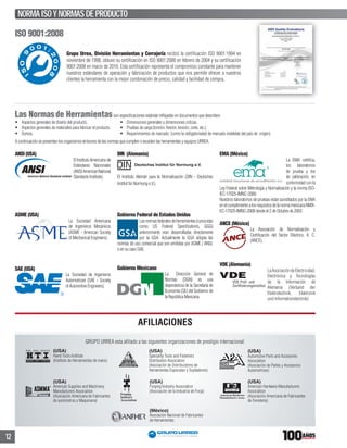 12
Las Normasde Herramientasson especiﬁcaciones estándar reﬂejadas en documentos que describen:
Aspectos generales de diseño del producto.
Aspectos generales de materiales para fabricar el producto.
Dureza.
Dimensiones generales y dimensiones críticas.
Pruebas de carga (torsión, ﬂexión, tensión, corte, etc.).
Requerimientos de marcado (como la obligatoriedad de marcado indeleble del país de origen).
A continuación se presentan los organismos emisores de las normas que cumplen o exceden las herramientas y equipos URREA.
ANSI (USA)
ElInstitutoAmericanode
Estándares Nacionales
(ANSIAmericanNational
Standards Institute).
ASME (USA)
La Sociedad Americana
de Ingenieros Mecánicos
(ASME - American Society
of Mechanical Engineers).
SAE (USA)
La Sociedad de Ingenieros
Automotrices (SAE - Society
of Automotive Engineers).
DIN (Alemania)
El Instituto Alemán para la Normalización (DIN - Deutsches
lnstitut für Normung e.V.).
Gobierno Federal de Estados Unidos
Lasnormasfederalesdeherramientas(conocidas
como US Federal Speciﬁcations, GGG)
anteriormente eran desarrolladas directamente
por la GSA. Actualmente la GSA adopta las
normas de uso comercial que son emitidas por ASME / ANSI,
o en su caso SAE.
Gobierno Mexicano
La Dirección General de
Normas (DGN) es una
dependencia de la Secretaría de
Economía (SE) del Gobierno de
la República Mexicana.
EMA (México)
La EMA certiﬁca,
los laboratorios
de prueba y los
de calibración, en
conformidad con la
Ley Federal sobre Metrología y Normalización y la norma ISO-
IEC-17025-IMNC-2000.
Nuestros laboratorios de pruebas están acreditados por la EMA
enelcumplimientoalosrequisitosdelanormamexicanaNMX-
EC-17025-IMNC-2000 desde el 2 de Octubre de 2003.
ANCE (México)
La Asociación de Normalización y
Certiﬁcación del Sector Eléctrico, A. C.
(ANCE).
VDE (Alemania)
LaAsociacióndeElectricidad,
Electrónica y Tecnologías
de la Información de
Alemania (Verband der
Elektrotechnik, Elektronik
und Informationstechnik).
AFILIACIONES
(USA)
Hand Tools InstituteTT
(Instituto de Herramientas de mano)
(USA)
American Supplies and Machinery
Manufacturers Association
(Asociación Americana de Fabricantes
de suministros y Maquinaria)
(USA)
Automotive Parts and Accesories
Association
(Asociación de Partes y Accesorios
Automotrices)
(USA)
American Hardware Manufacturers
Association
(Asociación Americana de Fabricantes
de Ferretería)
(USA)
Speciality Tools and FastenersTT
Distributors Association
(Asociación de Distribuidores de
Herramientas Especiales y Sujetadores)
(USA)
Forging Industry Association
(Asociación de la Industria de Forja)
(México)
Asociación Nacional de Fabricantes
de Herramientas
GRUPO URREA esta aﬁliado a las siguientes organizaciones de prestigio internacional:
VDE
VDE Prüf- und
Zertiﬁzierungsinstitut
ISO 9001:2008
Grupo Urrea, División Herramientas y Cerrajería recibió la certiﬁcación ISO 9001:1994 en
noviembre de 1998, obtuvo su certiﬁcación en ISO 9001:2000 en febrero de 2004 y su certiﬁcación
9001:2008 en marzo de 2010. Esta certiﬁcación representa el compromiso constante para mantener
nuestros estándares de operación y fabricación de productos que nos permite ofrecer a nuestros
clientes la herramienta con la mejor combinación de precio, calidad y facilidad de compra.
NORMAISOYNORMASDEPRODUCTO
 