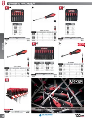 8 HERRAMIENTASPARAATORNILLAR
138
6PIEZAS
CÓDIGO
TAMAÑO DE
PUNTA
8310W T10
8315W T15
8320W T20
8325W T25
8327W T27
8330W T30
E211 Estuche
Juego de destornilladores bimaterial punta torx
CÓDIGO PIEZAS P. LISTA
83W 6 1 $ 389
Punta torx barra redonda
CÓDIGO PUNTA LONGITUD EXPUESTA LONGITUD TOTAL P. LISTA
8310W T10 4" 8" 1 $ 65
8315W T15 4" 8" 1 $ 66
8320W T20 4" 8" 1 $ 67
8325W T25 4" 8" 1 $ 69
8327W T27 4" 8" 1 $ 70
8330W T30 4" 8" 1 $ 71
6PIEZAS
CÓDIGO
TAMAÑO DE
BOCA
8206 3/16"
8208 1/4"
8210 5/16"
8212 3/8"
8214 7/16"
8216 1/2"
E212 Estuche
Juego de destornilladores bimaterial de caja en pulgadas
CÓDIGO PIEZAS P. LISTA
8200 6 1 $ 495
De caja en pulgadas
CÓDIGO BOCA LONGITUD EXPUESTA LONGITUD TOTAL P. LISTA
8206 3/16" 3" 7" 1 $ 71
8208 1/4" 3" 7" 1 $ 76
8210 5/16" 3" 7" 1 $ 81
8212 3/8" 3" 7" 1 $ 86
8214 7/16" 3" 7 3/8" 1 $ 100
8216 1/2" 3" 7 3/8" 1 $ 105
9PIEZAS
CÓDIGO
TAMAÑO DE
BOCA
8205M 5mm
8206M 6mm
8207M 7mm
8208M 8mm
8209M 9mm
CÓDIGO
TAMAÑO DE
BOCA
8210M 10mm
8211M 11mm
8212M 12mm
8213M 13mm
E213 Estuche
Juego de destornilladores bimaterial de caja métricos
CÓDIGO PIEZAS P. LISTA
8200M 9 1 $ 759
De caja métricas
CÓDIGO BOCA LONGITUD EXPUESTA LONGITUD TOTAL P. LISTA
8205M 5mm 3" 7" 1 $ 70
8206M 6mm 3" 7" 1 $ 76
8207M 7mm 3" 7" 1 $ 79
8208M 8mm 3" 7" 1 $ 81
8209M 9mm 3" 7" 1 $ 86
8210M 10mm 3" 7 3/8" 1 $ 90
8211M 11mm 3" 7 3/8" 1 $ 100
8212M 12mm 3" 7 3/8" 1 $ 105
8213M 13mm 3" 7 3/8" 1 $ 110
96PIEZAS
CÓDIGO DESCRIPCIÓN P. LISTA
RABIM96 Rackcondestornilladoresbimaterial 1 $ 6,955
BIMATERIALBIMATERIAL
Contenido pág. 335
DESTORNILLADOR
BIMATERIALPARA1000V
PÁGINA 194
 