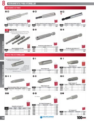 8 HERRAMIENTASPARAATORNILLAR
148
1/4”1/4”
Con Tuerca de retención para puntas hexágono macho 1/4”
CÓDIGO HEXÁGONO CUERPO LONGITUD P. LISTA
55012 1/4” 7/16” 231/32” 6 $ 79
1/4”1/4”
Con anillo de retención para puntas hexágono macho 1/4”
CÓDIGO HEXÁGONO CUERPO LONGITUD P. LISTA
55010 1/4” 7/16” 215/16” 6 $ 69
1/4”1/4”
Magnético para puntas hexágono macho 1/4”
CÓDIGO HEXÁGONO CUERPO LONGITUD P. LISTA
55004 1/4” 7/16 21/4” 6 $ 40
Elaboradas con acero S2.
Son ideales para aplicaciones de uso general
accionadas con herramienta manual.
Diseñadas para
trabajar por medio
de herramienta manual
soportando la aplicación de
torques bajos.
Puntas con alta resistencia en el desgaste
y por consiguiente larga vida útil.
5/16”
Planas hexágono 5/16”
CÓDIGO PUNTA LONGITUD P. LISTA
22108 SL2 11/2” 5 $ 14
22112 SL3 11/2” 5 $ 14
1/4”
Planas hexágono 1/4”
CÓDIGO TORNILLO ESPESOR PTA. ANCHO PTA. LONGITUD P. LISTA
22002 3F-4R 0.032” 0.156” 1” 25 $ 5
22008 8F-10R 0.042” 0.250” 1” 25 $ 5
22016 10F-12R 0.046” 0.281” 1” 25 $ 5
22020 14F-16R 0.055” 0.375” 1” 25 $ 14
1/4”
Dobles intercambiables,Phillips®
y plana hexágono 1/4”
CÓDIGO TORNILLO PHILLIPS TORNILLO RANURADO LONGITUD P. LISTA
30004 No.2 8-10 11/2” 10 $ 15
5/16”
Phillips hexágono 5/16”
CÓDIGO PUNTA LONGITUD P. LISTA
21108 PH2 11/2” 5 $ 13
21112 PH3 11/2” 5 $ 15
1/4”
Phillips®
hexágono 1/4”
CÓDIGO PUNTA DIÁMETRO PUNTA LONGITUD TOTAL P. LISTA
20004 No.1 13/64” 1” 25 $ 5
20008 No.2 15/64” 1” 25 $ 5
20040 No.2Reducida 3/16” 1” 25 $ 5
20012 No.3 15/64” 1” 25 $ 5
3PIEZAS
1/4” 1/4” 3/8” 1/2”
Fabricados en acero 6150 de gran resistencia al torque.
Para poder usar dados de cuadro de 1/4”,3/8”y 1/2”con
destornillador eléctrico o destornillador de puntas.
Juego de adaptadores para dados
CÓDIGO DESCRIPCIÓN P. LISTA
J500 1/2”x72mm,3/8”x65mm,1/4”x65mm 1 $ 90
1/4”1/4”
Con perno para cuadro hembra de 1/4”
CÓDIGO LONGITUD P. LISTA
50004 2” 50.8mm 6 $ 39
50012 4” 101.6mm 6 $ 59
50020 6” 152.4mm 6 $ 70
1/4”1/4”
Con balín para cuadro hembra de 1/4”
CÓDIGO LONGITUD P. LISTA
50006 2”50.8mm 6 $ 28
1/4”
Hexagonales con hexagono 1/4”
CÓDIGO HEXÁGONO
TORNILLO
C/CAB.
TORNILLO
S/CAB.
LONGITUD P. LISTA
24008 3/32” 4-5 10 11/4” 10 $ 9
24012 1/8” 7 1/4” 11/4” 10 $ 9
24016 5/32” 10 5/16” 11/4” 10 $ 9
24020 3/16” 1/4” 3/8” 11/4” 10 $ 9
1/4”
Torx®
antirrobo
Torx®
Tamper Proof hexágono 1/4”
CÓDIGO PUNTA DIÁMETRO PUNTA LONGITUD P. LISTA
23014 T10 2.7mm 1” 10 $ 20
23018 T15 3.2mm 1” 10 $ 20
23022 T20 3.8mm 1” 10 $ 20
23026 T25 4.3mm 1” 10 $ 20
23030 T27 4.9mm 1” 10 $ 20
23034 T30 5.4mm 1” 10 $ 20
23038 T40 6.6mm 1” 10 $ 20
5/16”
Torx®
hexágono 5/16”
CÓDIGO PUNTA DIÁMETRO PUNTA LONGITUD TOTAL P. LISTA
23050 T30 0.216” 11/4” 10 $ 22
23054 T40 0.260” 11/4” 10 $ 22
PUNTASDEPODERPUNTASPARADESTORNILLADOR
ADAPTADORES DE PODER
PUNTAS PARA DESTORNILLADOR
 