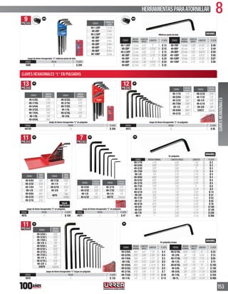 8HERRAMIENTASPARAATORNILLAR
153
9PIEZAS CÓDIGO
TAMAÑO DE
PUNTA
49-1.5BP 1.5mm
49-2BP 2mm
49-2.5BP 2.5mm
49-3BP 3mm
49-4BP 4mm
49-5BP 5mm
49-6BP 6mm
49-8BP 8mm
49-10BP 10mm
Juego de llaves hexagonales“L”métricas punta de bola.
CÓDIGO PIEZAS P. LISTA
4996 9 1 $ 209
CÓDIGO MEDIDA
NOMINAL
LONGITUD
BRAZO
LONGITUD P. LISTA
49-1.5BP 1.5mm 0.53” 3” 10 $ 15
49-2BP 2.0mm 0.61” 33/16” 10 $ 15
49-2.5BP 2.5mm 0.69” 31/2” 10 $ 15
49-3BP 3.0mm 0.75” 37/8” 10 $ 20
49-4BP 4.0mm 0.94” 4” 10 $ 20
49-5BP 5.0mm 1.06” 49/16” 10 $ 24
49-6BP 6.0mm 1.22” 57/16” 10 $ 32
CÓDIGO MEDIDA
NOMINAL
LONGITUD
BRAZO
LONGITUD P. LISTA
49-7BP 7.0mm 1.38” 61/4” 5 $ 48
49-8BP 8.0mm 1.38” 61/4” 5 $ 49
49-9BP 9.0mm 1.54” 69/16” 5 $ 59
49-10BP 10mm 1.54” 69/16” 5 $ 60
49-12BP 12mm 1.73” 81/4” 5 $ 67
49-14BP 14mm 2.15” 91/8” 5 $ 88
Métricas punta de bola
13PIEZAS
CÓDIGO
MEDIDA
NOMINAL
49-0.05L 0.05”
49-1/16L 1/16”
49-5/64L 5/64”
49-3/32L 3/32”
49-7/64L 7/64”
49-1/8L 1/8”
49-9/64L 9/64”
CÓDIGO
MEDIDA
NOMINAL
49-5/32L 5/32”
49-3/16L 3/16”
49-7/32L 7/32”
49-1/4L 1/4”
49-5/16L 5/16”
49-3/8L 3/8”
Juego de llaves hexagonales“L”en pulgadas
CÓDIGO PIEZAS P. LISTA
4972R 13 1 $ 209
12PIEZAS CÓDIGO
MEDIDA
NOMINAL
49-1/16 1/16”
49-5/64 5/64”
49-3/32 3/32”
49-7/64 7/64”
49-1/8 1/8”
49-9/64 9/64”
49-5/32 5/32”
CÓDIGO
MEDIDA
NOMINAL
49-3/16 3/16”
49-7/32 7/32”
49-1/4 1/4”
49-5/16 5/16”
49-3/8 3/8”
E4972 Estuche
PIEZAS
Juego de llaves hexagonales“L”en pulgadas
CÓDIGO PIEZAS P. LISTA
4972 12 1 $ 95
11PIEZAS
CÓDIGO
MEDIDA
NOMINAL
49-5/64 5/64”
49-3/32 3/32”
49-7/64 7/64”
49-1/8 1/8”
49-9/64 9/64”
49-5/32 5/32”
49-3/16 3/16”
CÓDIGO
MEDIDA
NOMINAL
49-7/32 7/32”
49-1/4 1/4”
49-5/16 5/16”
49-3/8 3/8”
4075
Caja
metálica
Juego de llaves hexagonales“L”en pulgadas
CÓDIGO PIEZAS P. LISTA
4975 11 1 $ 159
7PIEZAS
CÓDIGO
MEDIDA
NOMINAL
49-5/64 5/64”
49-3/32 3/32”
49-1/8 1/8”
49-5/32 5/32”
CÓDIGO
MEDIDA
NOMINAL
49-3/16 3/16”
49-7/32 7/32”
49-1/4 1/4”
4977E Estuche
Juego de llaves hexagonales“L”en pulgadas
CÓDIGO PIEZAS P. LISTA
4977 7 1 $ 47
En pulgadas
CÓDIGO MEDIDA NOMINAL LONGITUD BRAZO LONGITUD P. LISTA
49-1/16 1/16” 0.56” 13/4” 25 $ 3
49-5/64 5/64” 0.61” 17/8” 25 $ 3
49-3/32 3/32” 0.66” 2” 25 $ 3
49-7/64 7/64” 0.70” 21/8” 25 $ 4
49-1/8 1/8” 0.75” 21/4” 25 $ 4
49-9/64 9/64” 0.80” 23/8” 25 $ 4
49-5/32 5/32” 0.84” 21/2” 25 $ 4
49-3/16 3/16” 0.94” 23/4” 25 $ 5
49-7/32 7/32” 1.03” 3” 10 $ 8
49-1/4 1/4” 1.12” 31/4” 10 $ 9
49-5/16 5/16” 1.25” 33/4” 5 $ 14
49-3/8 3/8” 1.38” 41/4” 5 $ 21
49-7/16 7/16” 1.50” 43/4” 5 $ 43
49-1/2 1/2” 1.63” 51/4” 5 $ 52
49-9/16 9/16” 1.75” 53/4” 5 $ 76
49-5/8 5/8” 1.88” 61/4” 5 $ 100
49-3/4 3/4” 2.13” 71/4” 1 $ 149
49-7/8 7/8” 2.38” 81/4” 1 $ 250
49-1 1” 2.63” 91/4 1 $ 360
11PIEZAS CÓDIGO
MEDIDA
NOMINAL
49-5/64 L 5/64”
49-3/32 L 3/32”
49-7/64 L 7/64”
49-1/8 L 1/8”
49-9/64 L 9/64”
49-5/32 L 5/32”
49-3/16 L 3/16”
49-7/32 L 7/32”
49-1/4 L 1/4”
49-5/16 L 5/16”
49-3/8 L 3/8”
E4979 Estuche
Juego de llaves hexagonales“L”largas en pulgadas
CÓDIGO PIEZAS P. LISTA
4979 11 1 $ 135
CÓDIGO
MEDIDA
NOMINAL
LONGITUD
BRAZO
LONGITUD P. LISTA
49-5/64L 5/64” 0.61” 31/8” 25 $ 4
49-3/32L 3/32” 0.66” 33/8” 25 $ 4
49-7/64L 7/64” 0.70” 31/2” 25 $ 5
49-1/8L 1/8” 0.75” 33/4” 25 $ 5
49-9/64L 9/64” 0.80” 315/16” 25 $ 5
49-5/32L 5/32” 0.84” 41/8” 25 $ 5
49-3/16L 3/16” 0.94” 41/2” 25 $ 7
49-7/32L 7/32” 1.03” 47/8” 10 $ 10
49-1/4L 1/4” 1.12” 51/4” 10 $ 14
CÓDIGO
MEDIDA
NOMINAL
LONGITUD
BRAZO
LONGITUD P. LISTA
49-5/16L 5/16” 1.25” 6” 5 $ 23
49-3/8L 3/8” 1.38” 63/4” 5 $ 33
49-7/16L 7/16” 1.50” 71/2” 5 $ 64
49-1/2L 1/2” 1.63” 81/4” 5 $ 75
49-9/16L 9/16” 1.75” 9” 5 $ 105
49-5/8L 5/8” 1.88” 93/4” 5 $ 160
49-3/4L 3/4” 2.13” 111/4” 1 $ 229
49-7/8L 7/8” 2.38” 123/4” 1 $ 359
49-1L 1” 2.63” 141/4” 1 $ 489
En pulgadas largas
LLAVESHEXAGONALES
LLAVES HEXAGONALES “L” EN PULGADAS
 