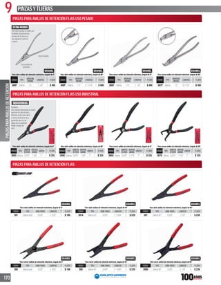 9 PINZASYTIJERAS
170
Permiten extraer el anillo con
facilidad insertando las
puntas de la pinza en
sus agujeros,oprima
y libere.
Acero forjado.
Con puntas de
precisión.
Para abrir anillos de retención exteriores,ángulo de 0°
CÓDIGO TIPO
APERTURA
MÁXIMA
LONGITUD P. LISTA
368P Externa 1.5” 7 1/8” 1 $ 495
Para abrir anillos de retención exteriores,ángulo de 90°
CÓDIGO TIPO
APERTURA
MÁXIMA
LONGITUD P. LISTA
369P Externa 1.2” 6 11/16” 1 $ 495
Para cerrar anillos de retención interiores,ángulo de 0°
CÓDIGO TIPO
APERTURA
MÁXIMA
LONGITUD P. LISTA
366P Interna 1.8” 7 1/8” 1 $ 495
Para cerrar anillos de retención interiores,ángulo de 90°
CÓDIGO TIPO
APERTURA
MÁXIMA
LONGITUD P. LISTA
367P Interna 1.3” 611/16” 1 $ 495
Para abrir anillos de retención exteriores,ángulo de 0°
CÓDIGO TIPO DIÁM. PUNTA LONGITUD P. LISTA
391 Externarecta 0.038” 5 9/32” 3 $ 190
Para abrir anillos de retención exteriores,ángulo de 45°
CÓDIGO TIPO DIÁM. PUNTA LONGITUD P. LISTA
3914 Externa45° 0.038” 5 13/64” 3 $ 229
Para abrir anillos de retención exteriores,ángulo de 90°
CÓDIGO TIPO DIÁM. PUNTA LONGITUD P. LISTA
397 Externa90° 0.038” 51/8” 3 $ 239
Para cerrar anillos de retención interiores,ángulo de 0°
CÓDIGO TIPO DIÁM. PUNTA LONGITUD P. LISTA
389 Internarecta 0.038” 5 9/32” 3 $ 190
Para cerrar anillos de retención interiores,ángulo de 45°
CÓDIGO TIPO DIÁM. PUNTA LONGITUD P. LISTA
398 Interna45° 0.038” 5 13/64” 3 $ 229
Para cerrar anillos de retención interiores,ángulo de 90°
CÓDIGO TIPO DIÁM. PUNTA LONGITUD P. LISTA
3989 Interna90° 0.038” 5 1/8” 3 $ 239
Para abrir anillos de retención exteriores,ángulo de 0°
CÓDIGO TIPO
DIÁMETRO
DE PUNTA
APERTURA
MAXIMA
LONGITUD P. LISTA
368G Externa 0.070" 15/8" 7" 1 $ 325
Para abrir anillos de retención exteriores,ángulo de 90°
CÓDIGO TIPO
DIÁMETRO
DE PUNTA
APERTURA
MAXIMA
LONGITUD P. LISTA
369G Externa 0.070" 13/8" 7" 1 $ 325
Para cerrar anillos de retención interiores,ángulo de 0°
CÓDIGO TIPO
DIÁMETRO
DE PUNTA
APERTURA
MAXIMA
LONGITUD P. LISTA
366G Interna 0.070" 11/16" 7" 1 $ 325
Para cerrar anillos de retención interiores,ángulo de 90°
CÓDIGO TIPO
DIÁMETRO
DE PUNTA
APERTURA
MAXIMA
LONGITUD P. LISTA
367G Interna 0.070" 11/16" 7" 1 $ 325
Forjadas.
Con puntas fabricadas en acero
especial de alta tensión.
Resorte oculto para abrir
o cerrar la pinza lo que
garantiza que no se
salga de su posición.
Doble mango de
vinil.
PINZASPARAANILLOSDERETENCIÓN
PINZAS PARA ANILLOS DE RETENCIÓN FIJAS USO INDUSTRIAL
PINZAS PARA ANILLOS DE RETENCIÓN FIJAS USO PESADO
PINZAS PARA ANILLOS DE RETENCIÓN FIJAS
 