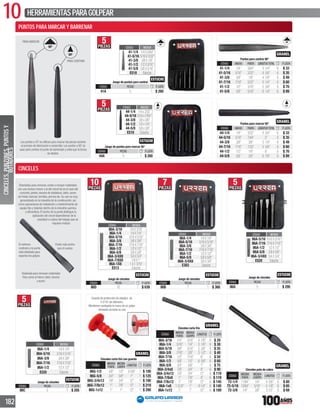 10 HERRAMIENTASPARAGOLPEAR
182
Los puntos a 50˚ se utilizan para marcar las piezas durante
el proceso de fabricación o ensamble.Los puntos a 90˚ se
usan para centrar el punto de barrenado y evita que la broca
se deslize.
PARA CENTRAR
90º
PARA MARCAR
50º
50º
Puntos para marcar 50°
CÓDIGO ANCHO PUNTA LONGITUD TOTAL P. LISTA
44-1/4 1/4” 3/32” 4 3/4” 6 $ 33
44-5/16 5/16” 7/64” 5” 6 $ 35
44-3/8 3/8” 3/8” 5 1/4” 6 $ 49
44-7/16 7/16” 7/32” 5 5/8” 6 $ 60
44-1/2 1/2” 1/4” 6” 6 $ 70
44-5/8 5/8” 3/8” 6 7/8” 6 $ 89
90º
Puntos para centrar 90°
CÓDIGO ANCHO PUNTA LONGITUD TOTAL P. LISTA
41-1/4 1/4” 5/64” 4 1/4” 6 $ 33
41-5/16 5/16” 3/32” 4 5/8” 6 $ 35
41-3/8 3/8” 1/8” 4 7/8” 6 $ 49
41-7/16 7/16” 5/32” 5 1/4” 6 $ 60
41-1/2 1/2” 3/16” 5 5/8” 6 $ 70
41-5/8 5/8” 5/16” 6 1/4” 6 $ 89
Diseñados para remover,cortar o romper materiales
con una dureza menor a la del cincel tal es el caso del
concreto,piedra,escoria de soldadura,latón,acero
sin tratar,tuercas,tornillos,pernos etc.Su uso es muy
generalizado en la industria de la construcción,así
como operaciones de instalación y mantenimiento de
equipo ﬁjo y tuberías dentro de la industria química
y alimenticia.El ancho de la punta distingue la
aplicación del cincel dependiendo de la
exactitud o rudeza del trabajo que se
requiere realizar.
Diseñada para remover materiales
frios como el hierro,latón,bronce
y acero.
Punta más ancha
que el cuerpo
El extremo
contrario a la punta
está diseñado para
soportar los golpes.
10PIEZAS
CÓDIGO MEDIDA
86A-3/16 1/4X3/16”
86A-1/4 1/4X1/4”
86A-5/16 5/16X5/16”
86A-3/8 3/8X3/8”
86A-7/16 7/16X7/16”
86A-1/2 1/2X1/2”
86A-5/8 5/8X5/8”
86A-3/4X8 3/4X3/4”
86A-7/8X8 7/8X1”
86A-1X8 1X13/16”
E513 Estuche
Juego de cinceles
CÓDIGO PIEZAS P. LISTA
86D 10 1 $ 639
7PIEZAS
CÓDIGO MEDIDA
86A-1/4 1/4X1/4”
86A-5/16 5/16X5/16”
86A-3/8 3/8X3/8”
86A-7/16 7/16X7/16”
86A-1/2 1/2X1/2”
86A-5/8 5/8X5/8”
86A-3/4X8 3/4X3/4”
E303 Estuche
Juego de cinceles
CÓDIGO PIEZAS P. LISTA
86B 7 1 $ 360
5PIEZAS
CÓDIGO MEDIDA
86A-5/16 5/16X5/16”
86A-7/16 7/16X7/16”
86A-1/2 1/2X1/2”
86A-5/8 5/8X5/8”
86A-3/4X8 3/4X3/4”
E520 Estuche
Juego de cinceles
CÓDIGO PIEZAS P. LISTA
86A 5 1 $ 295
5PIEZAS
CÓDIGO MEDIDA
86A-1/4 1/4X1/4”
86A-5/16 5/16X5/16”
86A-3/8 3/8X3/8”
86A-7/16 7/16X7/16”
86A-1/2 1/2X1/2”
E520 Estuche
Juego de cinceles
CÓDIGO PIEZAS P. LISTA
86C 5 1 $ 205
Guarda de protección de plástico de
3 5/16”de diámetro.
Mantienen protegida la mano de un golpe
desviado durante su uso.
Cinceles corta frío con guarda
CÓDIGO
MEDIDA
PUNTA
MEDIDA
CUERPO
LONGITUD P. LISTA
86G-1/2 5/8" 1/2" 65/8" 1 $ 100
86G-5/8 3/4" 5/8" 7" 1 $ 125
86G-3/4x12 7/8" 3/4" 12" 1 $ 180
86G-7/8x12 1" 7/8" 12" 1 $ 219
86G-1x12 1" 1" 12" 1 $ 290
Cinceles corta frío
CÓDIGO
MEDIDA
PUNTA
MEDIDA
CUERPO
LONGITUD P. LISTA
86A-3/16 1/4” 3/16” 4 7/8” 6 $ 29
86A-1/4 5/16” 1/4” 5 1/8” 6 $ 30
86A-5/16 3/8” 5/16” 5 3/8” 6 $ 35
86A-3/8 7/16” 3/8” 5 1/2” 6 $ 40
86A-7/16 1/2” 7/16” 6” 6 $ 50
86A-1/2 5/8” 1/2” 6 5/8” 6 $ 60
86A-5/8 3/4” 5/8” 7” 6 $ 75
86A-3/4x8 7/8” 3/4” 8” 6 $ 90
86A-3/4x12 7/8” 3/4” 12” 6 $ 119
86A-7/8x8 1” 7/8” 8” 6 $ 119
86A-7/8x12 1” 7/8” 12” 6 $ 145
86A-1x8 13/16” 1” 81/4” 6 $ 145
86A-1x12 1” 1” 12” 6 $ 189
Cinceles pata de cabra
CÓDIGO
MEDIDA
PUNTA
MEDIDA
CUERPO
LONGITUD P. LISTA
72-1/4 11/64” 1/4” 4 5/8” 6 $ 60
72-5/16 13/64” 5/16” 5 1/8” 6 $ 65
72-3/8 1/4” 3/8” 51/2” 6 $ 69
ESTUCHE
ESTUCHE
ESTUCHEESTUCHE
5PIEZAS
CÓDIGO MEDIDA
44-1/4 1/4x3/32”
44-5/16 5/16x7/64”
44-3/8 3/8x3/8”
44-1/2 1/2x1/4”
44-5/8 5/8x3/8”
E518 Estuche
50º
Juego de puntas para marcar 50°
CÓDIGO PIEZAS P. LISTA
44A 5 1 $ 260
ESTUCHE
ESTUCHE
5PIEZAS CÓDIGO MEDIDA
41-1/4 1/4X5/64”
41-5/16 5/16X3/32”
41-3/8 3/8X1/8”
41-1/2 1/2X3/16”
41-5/8 5/8X5/16”
E518 Estuche
90º
Juego de puntos para centrar
CÓDIGO PIEZAS P. LISTA
41A 5 1 $ 260
CINCELES,PUNZONES,PUNTOSY
BOTADORES
PUNTOS PARA MARCAR Y BARRENAR
CINCELES
 