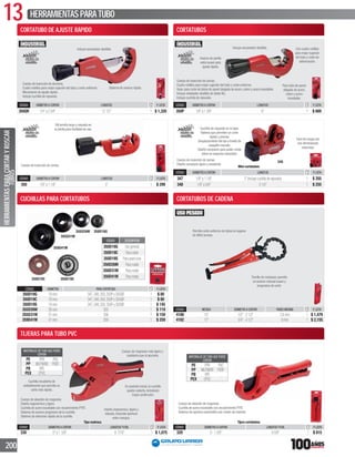 13 HERRAMIENTASPARATUBO
200
Cuerpo de aleación de magnesio
Diseño ergonómico y ligero
Cuchilla de acero inoxidable con recubrimiento PTFE
Sistema de avance progresivo de la cuchilla
Sistema de retroceso rápido de la cuchilla
Diseño ergonómico,ligera y
robusta,reducida apertura
entre mangos.
Cuerpo de magnesio más ligero y
resistente que el aluminio
MATERIALES DE TUBO QUE PUEDE
CORTAR
PE PPR PVC
PP MLP/MSR PVDF
PB VPE
PEX CPVC
En posición inicial,la cuchilla
queda cubierta,brindando
mayor protección.
Cuchilla recubierta de
antiadherente que permite un
corte más rápido.
Tipo matraca
CÓDIGO DIÁMETRO A CORTAR LONGITUD TOTAL P. LISTA
330 0”a1 5/8” 9 7/16” 1 $ 1,075
MATERIALES DE TUBO QUE PUEDE
CORTAR
PE PPR PVC
PP MLP/MSR PVDF
PB VPE
PEX CPVC
Cuerpo de aleación de magnesio
Cuchilla de acero inoxidable con recubrimiento PTFE
Sistema de apertura automático por medio de resortes
Tijera cortatubos
CÓDIGO DIÁMETRO A CORTAR LONGITUD TOTAL P. LISTA
329 0-13/8” 85/8” 1 $ 815
CUCHILLAS PARA CORTATUBOS
350D19S350D19C
355D31M
350D19G
359D41M
355D26M
CÓDIGO DESCRIPCIÓN
350D19G Usogeneral
350D19C Paracobre
350D19S Paraaceroinox
350D26M Parametal
350D31M Parametal
350D41M Parametal
CÓDIGO DIÁMETRO PARA CORTATUBO P. LISTA
350D19G 19mm 347,348,350,350Py350QR 1 $ 80
350D19C 19mm 347,348,350,350Py350QR 1 $ 80
350D19S 19mm 347,348,350,350Py350QR 1 $ 145
355D26M 26mm 355 1 $ 119
355D31M 31mm 356 1 $ 159
359D41M 41mm 359 1 $ 259
CORTATUBOS DE CADENA
Permite corte uniforme de tubos en lugares
de difícil acceso.
Tornillo de mariposa:permite
un avance manual suave y
progresivo de corte.
CÓDIGO MEDIDA DIÁMETRO A CORTAR PARED MÁXIMA P. LISTA
4186 10” 1/2”-21/2” 2.6mm 1 $ 1,479
4182 12” 3/4”-41/2” 6mm 1 $ 2,155
CORTATUBO DE AJUSTE RÁPIDO
Cuerpo de inyección de aluminio.
Cuatro rodillos para mejor sujeción del tubo y corte uniforme.
Mecanismo de ajuste rápido.
Incluye cuchilla de repuesto.
Incluye escareador abatible.
Sistema de avance rápido.
CÓDIGO DIÁMETRO A CORTAR LONGITUD P. LISTA
350QR 1/4”a25/8” 121/2” 1 $ 1,320
CORTATUBOS
Cuerpo de inyección de zamac.
Cuatro rodillos para mejor sujeción del tubo y corte uniforme.
Usos:para corte de tubos de pared delgada de acero,cobre y acero inoxidable.
Incluye rebabador abatible de doble ﬁlo.
Incluye cuchilla de repuesto.
Con cuatro rodillos
para mejor sujeción
del tubo y corte sin
deformación.
Para tubo de pared
delgada de acero,
cobre y acero
inoxidable.
Avance de perilla
extra suave para
ajuste rápido.
Incluye escareador abatible.
CÓDIGO DIÁMETRO A CORTAR LONGITUD P. LISTA
350P 1/8”a13/8” 6” 1 $ 689
Cuerpo de inyección de zamac.
Útil tornillo largo y roscado en
la perilla para facilidad de uso.
CÓDIGO DIÁMETRO A CORTAR LONGITUD P. LISTA
350 1/8”a11/8” 5” 1 $ 299
Cuerpo de inyección de zamac.
Diseño compacto ligero y resistente.
348
Fácil de cargar por
sus dimensiones
reducidas.
Cuchilla de repuesto en la tapa.
Baleros que permiten un corte
rápido y preciso.
Desplazamiento del eje a través de
casquillo roscado.
Diseño compacto para poder cortar
tubos en espacios reducidos.
Mini-cortatubos
CÓDIGO DIÁMETRO A CORTAR LONGITUD P. LISTA
347 1/8”a11/8” 3”(Incluyecuchilladerepuesto) 1 $ 355
348 1/8”a5/8” 21/4” 1 $ 255
HERRAMIENTASPARACORTARYROSCAR
TUBOSHERRAMIENTASPARAMANEJODETUBO
TIJERAS PARA TUBO PVC
 