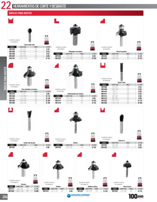 22 HERRAMIENTASDECORTEYDESBASTE
286
Corte media caña
CÓDIGO LARGO TOTAL ZANCO P. LISTA
BR1404 1/4”x1/4” 1/4” 1 $ 45
BR1405 3/8”x9/32” 1/4” 1 $ 53
BR1406 1/2”x3/8” 1/4” 1 $ 62
BR1407 3/4”x7/16” 1/4” 1 $ 89
BR1201 11/8”x11/16” 1/2” 1 $ 125
Rebajadora con balero
CÓDIGO LARGO TOTAL ZANCO P. LISTA
BR1426 11/4”x1/2” 1/4” 1 $ 90
BR1207 11/4”x5/8” 1/2” 1 $ 150
Pecho de paloma
CÓDIGO LARGO TOTAL ZANCO P. LISTA
BR1423 11/8”x5/8” 1/4” 1 $ 125
BR1424 13/8”x7/8” 1/4” 1 $ 175
Para redondear con balero
CÓDIGO LARGO TOTAL ZANCO P. LISTA
BR1419 1”x1/4” 1/4” 1 $ 80
BR1420 11/4”x5/8” 1/4” 1 $ 119
BR1421 11/2”x3/4” 1/4” 1 $ 139
BR1205 15/8”x3/4” 1/2” 1 $ 189
BR1206 13/4”x7/8” 1/2” 1 $ 199
Redondeadora de moldura
CÓDIGO LARGO TOTAL ZANCO P. LISTA
BR1416 11/8”x1/2” 1/4” 1 $ 89
BR1417 11/4”x5/8” 1/4” 1 $ 125
BR1418 11/2”x3/4” 1/4” 1 $ 155
Recta 2 Filos
CÓDIGO LARGO TOTAL ZANCO P. LISTA
BR1408 1/4”x3/4” 1/4” 1 $ 54
BR1409 5/16”x3/4” 1/4” 1 $ 55
BR1410 3/8”x1” 1/4” 1 $ 60
BR1411 1/2”x1” 1/4” 1 $ 70
BR1412 5/8”x3/4” 1/4” 1 $ 80
BR1413 3/4”x3/4” 1/4” 1 $ 89
BR1202 11/8”x11/4” 1/2” 1 $ 119
BR1203 11/4”x11/4” 1/2” 1 $ 160
Router cola de pato
CÓDIGO LARGO TOTAL ZANCO P. LISTA
BR1401 1/4” 1/4” 1 $ 80
Clásica
CÓDIGO LARGO TOTAL ZANCO P. LISTA
BR1425 13/8”x7/8” 1/4” 1 $ 140
Corte en V
CÓDIGO LARGO TOTAL ZANCO P. LISTA
BR1402 3/8”x3/8” 1/4” 1 $ 50
BR1403 1/2”x1/2 1/4” 1 $ 55
Romana
CÓDIGO LARGO TOTAL ZANCO P. LISTA
BR1414 13/8”x7/8” 1/4” 1 $ 179
BR1204 15/8”x11/8” 1/2” 1 $ 299
Chaﬂán
CÓDIGO LARGO TOTAL ZANCO P. LISTA
BR1415 11/4”x11/2” 1/4” 1 $ 99
Moldura clásica
CÓDIGO LARGO TOTAL ZANCO P. LISTA
BR1427 13/8”x7/8” 1/4” 1 $ 159
Bocel Cuarto
CÓDIGO LARGO TOTAL ZANCO P. LISTA
BR1422 11/8”x5/8” 1/4” 1 $ 110
BROCAS PARA ROUTER
Cuchilla de carburo
de tungsteno.
Cuchilla de carburo
de tungsteno.
Cuchilla de carburo
de tungsteno.
Cuchilla de carburo
de tungsteno. Cuchilla de carburo
de tungsteno.
Cuchilla de carburo
de tungsteno.
Cuchilla de carburo
de tungsteno.
Cuchilla de carburo
de tungsteno.
Cuchilla de carburo
de tungsteno.
Cuchilla de carburo
de tungsteno.
Cuchilla de carburo
de tungsteno.
Cuchilla de carburo
de tungsteno.
Cuchilla de carburo
de tungsteno.
BROCASPARAROUTER
 