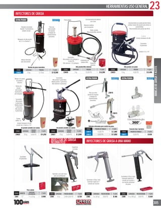 23HERRAMIENTASUSOGENERAL
305
Bomba de grasa neumática
CÓDIGO CAPACIDAD PRESIÓN P. LISTA
23628 15kg 6-10bar 1 $ 10,599
Pistola de
aluminio
Contenedor de
plásticoABS.
Maneral metálico
para transportar.
Porta-pistola Accionamiento del sistema
con el pie.
Suministra:
Alta presión 0.45 g/disparo a
10,000 PSI
Alto volúmen 1.25 g/disparo
Botón cambio
Alta presión/Alto volúmen
Alta presión/Alto volúmen
CÓDIGO CAPACIDAD PRESIÓN P. LISTA
23620 5kg 10,000PSI 1 $ 6,299
Suministra
9 g/bombeo
Accionamiento por pedal permite liberar
ambas manos del usuario para elevar su
productividad.
Recomendado para grasas tipo NLGI
1,2 y 3.
Incluye manguera de alta
presión 2 m x 1/4”.
Alta presión con pedal
CÓDIGO CAPACIDAD PRESIÓN P. LISTA
23623 10kg 4,000PSI 1 $ 5,499
Suministra:
Alta presión
4 g/bombeo.
Media presión
7 g/bombeo.
Alta volúmen
9 g/bombeo.
Cubeta
calibre 18.
Incluye manguera de alta
presión de 2 metros x 1/4”.
Válvula de
escape
para purgar
facilmente el
aire atrapado.
Mango con ajuste
de presión y
volumen.
De presión variable con ruedas
CÓDIGO CAPACIDAD
PRESIÓN
MÁXIMA
P. LISTA
23622 20kg 4,000PSI 1 $ 4,250
Suministra:
Alta presión 4 g/bombeo.
Media presión 7 g/bombeo.
Alta volúmen 9 g/bombeo.
De presión variable con cubeta
CÓDIGO CAPACIDAD
PRESIÓN
MÁXIMA
P. LISTA
23621 10kg 4,000PSI 1 $ 3,500
Válvulas reforzadas para control de grasa
CÓDIGO PRESIÓN DE TRABAJO P. LISTA
23616 10,000PSI 1 $ 1,999
23615 8,000PSI 1 $ 1,850
Conector tipo Z giratorio
CÓDIGO PRESIÓN DE TRABAJO P. LISTA
23617 6,000PSI 1 $ 639
Suministra
28 g/bombeo
Para cubeta
CÓDIGO DIÁMETRO
CAPACIDAD
CONTENEDOR
P. LISTA
2361 12” 11a22kg 1 $ 999
INYECTOR DE GRASA
NEUMÁTICO
Superﬁcie
cromada
Operada a una sola mano
para uso profesional.
CÓDIGO CAPACIDAD PRESIÓN MÁXIMA P. LISTA
2364 16oz 2,400-6,000PSI 1 $ 720
Suministro 0.40gr./ciclo.
Extensión rigida de 4”.
Llenado por succión.
CÓDIGO CAPACIDAD PRESIÓN MÁXIMA P. LISTA
2365 3oz.(85gr) 3500PSI 1 $ 280
Suministro 0.50 gr./ciclo.
Extensión rigida de 4”.
Llenado por succión o
con bomba extractora
de grasa.
CÓDIGO CAPACIDAD PRESIÓN MÁXIMA P. LISTA
2366 14oz.(400gr) 5000PSI 1 $ 559
360º
Conector giratorioZ+ Dos puntos de giro
3603333333363360060ºººººº
23616
23615
Elevador de presión
Booster“Incrementa la
presión de aire”.
Para uso
extra pesado
de engrase
y trabajos de
mantenimiento
preventivo.
Manguera de alta presón
de 2.13 m (Parker®
).
Válvula reforzada
para alta presión.
Para uso extra
pesado de engrase
y trabajos de
mantenimiento
preventivo.
MANEJODEGRASAYACEITE
INYECTORES DE GRASA
INYECTORES DE GRASA A UNA MANO
Dos puntos de giro
360º
 