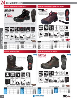 24 EQUIPOSDESEGURIDAD
326
BOTAS DE SEGURIDAD ULTRA LIGERAS
CÓDIGO MEDIDA CM MEDIDA USA P. LISTA
USZL5 25 6.5 1 $ 999
USZL6 26 7.5 1 $ 999
USZL65 26.5 8 1 $ 999
USZL7 27 8.5 1 $ 999
USZL75 27.5 9 1 $ 999
CÓDIGO MEDIDA CM MEDIDA USA P. LISTA
USZL8 28 9.5 1 $ 999
USZL85 28.5 10 1 $ 999
USZL9 29 10.5 1 $ 999
USZL10 30 11 1 $ 999
Cumple con la NOM-113-STPS-2009
BOTAS DE SEGURIDAD ROPER
CÓDIGO MEDIDA CM MEDIDA USA P. LISTA
USZP4 24 6 1 $ 1,145
USZP5 25 6.5 1 $ 1,145
USZP6 26 7 1 $ 1,145
USZP65 26.5 8 1 $ 1,145
USZP7 27 8.5 1 $ 1,145
CÓDIGO MEDIDA CM MEDIDA USA P. LISTA
USZP75 27.5 9 1 $ 1,145
USZP8 28 9.5 1 $ 1,145
USZP85 28.5 10 1 $ 1,145
USZP9 29 10.5 1 $ 1,145
USZP10 30 11 1 $ 1,145
Normas: certiﬁcada bajo la norma mexicana NOM-113-STPS-2009 y NOM-020-SCFI-1997.
Piel natural
Collarín
acojinado
Piel natural
Collarín
acojinado
BOTAS DE SEGURIDAD DIELÉCTRICAS SPORT
CÓDIGO MEDIDA CM MEDIDA USA P. LISTA
USZD5 25 6.5 1 $ 1,250
USZD6 26 7.5 1 $ 1,250
USZD65 26.5 8 1 $ 1,250
USZD7 27 8.5 1 $ 1,250
USZD75 27.5 9 1 $ 1,250
CÓDIGO MEDIDA CM MEDIDA USA P. LISTA
USZD8 28 9.5 1 $ 1,250
USZD85 28.5 10 1 $ 1,250
USZD9 29 10.5 1 $ 1,250
USZD10 30 11 1 $ 1,250
Cumple con la NOM-113-STPS-2009
BOTAS DE SEGURIDAD DIELÉCTRICAS TOP CONFORT
Bullón acojinado (protección para el
talón de aquiles,tendón y tobillo).
Ganchos plásticos de ajuste rápido con
refuerzos metálicos con recubrimiento
epóxico que los hace dieléctricos.
Piel carbón en puntera
y talón para proteger
mejor de raspones y
talladuras.
Suela fabricada de
poliuretano doble
densidad.
Cumple con la NOM-113-STPS-2009
CÓDIGO MEDIDA CM MEDIDA USA P. LISTA CÓDIGO MEDIDA CM MEDIDA USA P. LISTA
USZC5 25 6.5 1 $ 1,169 USZC85 28.5 10 1 $ 1,169
USZC6 26 7.5 1 $ 1,169 USZC9 29 10.5 1 $ 1,169
USZC65 26.5 8 1 $ 1,169 USZC10 30 11 1 $ 1,169
USZC7 27 8.5 1 $ 1,169 USZC11 31 12 1 $ 1,169
USZC75 27.5 9 1 $ 1,169 USZC12 32 13 1 $ 1,169
USZC8 28 9.5 1 $ 1,169
Espesor de piel de 2.0 a 2.2mm,repelente al agua.
Horma 630 EEE+1-8,la más ancha y cómoda del
mercado.
Suela fabricada de poliuretano de alta densidad.
Suela ultra resistente al desgaste,comoda y ligera.
Agujeta fabricada en poliéster con alma de algodón de
115 cms.
Suela de elastomero resistente a
combustibles,lubricantes y ácidos:
perfectas para cualquier trabajo
industrial.
Suela antiderrapante.
Dieléctricas Suela resistente
a combustibles
Suela resistente
a lubricantes
Suela resistente
a ácidos
Piel natural Suela
antiderrapante
Caña de 26cm
Sin agujetas
Rápido
descalce
Recubrimiento
epoxico
Casquillo de
Acero
Plantilla de
poliuretano
Suela de elastomero resiste
combustibles,lubricantes y
perfectas para cualquier tra
industrial.
Suela antiderrapante.
PROTECCIÓNPARALAS
EXTREMIDADESINFERIORES
 