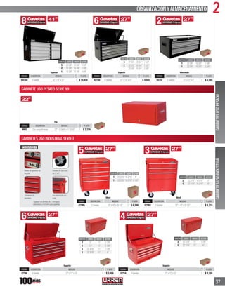 2ORGANIZACIÓNYALMACENAMIENTO
37
Rieles de gavetas de
fricción.
Llantas de uso rudo
de 5”x 2”.
Jaladeras de
aluminio.
Asa lateral de uso
rudo.
Espesor de lámina de 1 mm para
estructura y 0.8 mm para gavetas
6Gavetas
CAPACIDAD 15 kg c/u
27”
GAVETAS LARGO ANCHO ALTURA
3 73/4” 103/4” 11/2”
2 221/2” 103/4” 11/2”
1 225/8” 103/4” 23/8”
Superior
CÓDIGO DESCRIPCIÓN MEDIDAS P. LISTA
H27S6 6Gavetas 27”x12”x15” 1 $ 4,585
2Gavetas
CAPACIDAD 15 kg c/u
27”
GAVETAS LARGO ANCHO ALTURA
1 225/8” 103/8” 15/8”
1 225/8” 103/8” 23/8”
Intermedio
CÓDIGO DESCRIPCIÓN MEDIDAS P. LISTA
H27I2 2Gavetas 27”x12”x8” 1 $ 2,585
8Gavetas
CAPACIDAD 25 kg c/u
41”
GAVETAS LARGO ANCHO ALTURA
5 233/8” 143/8” 31/8”
2 103/8” 143/8” 31/8”
1 103/8” 143/8” 95/8”Superior
CÓDIGO DESCRIPCIÓN MEDIDAS P. LISTA
H41S8 8Gavetas 40”x16”x22” 1 $ 10,930
GABINETE USO PESADO SERIE 99
22”
Fijo
CÓDIGO DESCRIPCIÓN MEDIDAS P. LISTA
9992 Concompartimiento 22”x139/16”x1113/16” 1 $ 2,339
5Gavetas
CAPACIDAD 15 kg c/u
27”
GAVETAS LARGO ANCHO ALTURA
4 233/16” 163/16” 4”
1 233/16” 163/16” 81/8”
Móvil
CÓDIGO DESCRIPCIÓN MEDIDAS P. LISTA
I27M5 5Gavetas 27”x18”x331/2” 1 $ 6,599
6Gavetas
CAPACIDAD 10 kg c/u
27”
GAVETAS LARGO ANCHO ALTURA
2 5” 11” 17/8”
1 11” 11” 17/8”
2 233/16” 11” 17/8”
1 233/16” 11” 4”
Superior
CÓDIGO DESCRIPCIÓN MEDIDAS P. LISTA
I27S6 6Gavetas 27”x12”x15” 1 $ 3,699
4Gavetas
CAPACIDAD 10 kg c/u
27”
GAVETAS LARGO ANCHO ALTURA
3 233/16” 11” 17/8”
1 233/16” 11” 4”
Superior
CÓDIGO DESCRIPCIÓN MEDIDAS P. LISTA
I27S4 4Gavetas 27”x12”x15” 1 $ 3,265
3Gavetas
CAPACIDAD 15 kg c/u
27”
GAVETAS LARGO ANCHO ALTURA
2 233/16” 163/16” 4”
1 233/16” 163/16” 6”
Móvil
CÓDIGO DESCRIPCIÓN MEDIDAS P. LISTA
I27M3 3Gavetas 27”x18”x331/2” 1 $ 5,715
GABINETESUSOINDUSTRIALGABINETESUSOPESADO
GABINETES USO INDUSTRIAL SERIE I
 