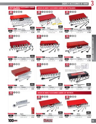 3DADOSYACCESORIOSDEMANO
55
JUEGO DE DADOS Y ACCESORIOS CUADRO
3/8” COMBINADO
48PIEZAS
3/8”
Pulgadas y métricos
CÓDIGO PIEZAS DESCRIPCIÓN P. LISTA
5200B 48 6puntas,cuadro3/8” 1 $ 2,585
28PIEZAS
3/8”
Pulgadas
CÓDIGO PIEZAS DESCRIPCIÓN P. LISTA
5003B 28
12y6puntas,cuadro3/8”llaves
combinadasypinzas
1 $ 2,345
25PIEZAS
3/8”
Dado largo y cortos en pulgadas
CÓDIGO PIEZAS DESCRIPCIÓN P. LISTA
5200CL 25 6puntas,cuadro3/8” 1 $ 1,939
23PIEZAS
3/8”
Dados largos y cortos en pulgadas
CÓDIGO PIEZAS DESCRIPCIÓN P. LISTA
52136 23 12puntas,cuadro3/8” 1 $ 1,635
23PIEZAS
3/8”
Dados largos y cortos en pulgadas
CÓDIGO PIEZAS DESCRIPCIÓN P. LISTA
52134 23 6puntas,cuadro3/8” 1 $ 1,635
19PIEZAS
3/8”
Pulgadas
CÓDIGO PIEZAS DESCRIPCIÓN P. LISTA
5200AC 19 12puntas,cuadro3/8” 1 $ 1,980
13PIEZAS
3/8”
Pulgadas
CÓDIGO PIEZAS DESCRIPCIÓN P. LISTA
52130 13 12puntas,cuadro3/8” 1 $ 905
13PIEZAS
3/8”
Pulgadas
CÓDIGO PIEZAS DESCRIPCIÓN P. LISTA
52128 13 6puntas,cuadro3/8” 1 $ 905
13PIEZAS
3/8”
Perﬁl ultra delgado para acceder a espacios reducidos.
Hasta 30% más
convencionales.
Dados de perﬁl compacto en
pulgadas
CÓDIGO PIEZAS DESCRIPCIÓN P. LISTA
5200LP 13 6puntas,cuadro3/8” 1 $ 999
10PIEZAS
3/8”
Pulgadas
CÓDIGO PIEZAS DESCRIPCIÓN P. LISTA
JBUA02S 10 12puntas,cuadro3/8” 1 $ 710
30PIEZAS
3/8”
Métricos
CÓDIGO PIEZAS DESCRIPCIÓN P. LISTA
52220 30 6puntas,cuadro3/8” 1 $ 2,139
30PIEZAS
3/8”
Métricos
CÓDIGO PIEZAS DESCRIPCIÓN P. LISTA
52222 30 12puntas,cuadro3/8” 1 $ 2,140
JUEGOS,DADOSYACCESORIOS3/8”JUEGOS DE DADOS Y ACCESORIOS CUADRO 3/8” MÉTRICOS
JUEGOS DE DADOS Y ACCESORIOS CUADRO 3/8” EN PULGADAS
Contenido pág. 377
Contenido pág. 377
Contenido pág. 377
Contenido pág. 377
Contenido pág. 377
Contenido pág. 377
Contenido pág. 377
Contenido pág. 378 Contenido pág. 378
Contenido pág. 377
Contenido pág. 377
Contenido pág. 377
 