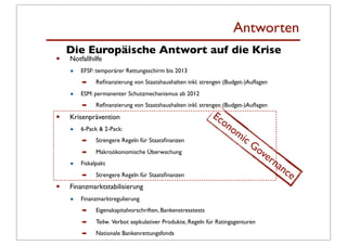 Antworten
    Die Europäische Antwort auf die Krise
•   Notfallhilfe
    •   EFSF: temporärer Rettungsschirm bis 2013
        ➡     Reﬁnanzierung von Staatshaushalten inkl. strengen (Budget-)Auﬂagen

    •   ESM: permanenter Schutzmechanismus ab 2012
        ➡     Reﬁnanzierung von Staatshaushalten inkl. strengen (Budget-)Auﬂagen

•   Krisenprävention                                         Ec
                                                               on
    •   6-Pack & 2-Pack:                                          om
        ➡     Strengere Regeln für Staatsﬁnanzen                     i   cG
                                                                                ov
        ➡     Makroökonomische Überwachung
                                                                                  er
    •   Fiskalpakt                                                                  na
                                                                                      nc
        ➡     Strengere Regeln für Staatsﬁnanzen                                        e
•   Finanzmarktstabilisierung
    •   Finanzmarktregulierung
        ➡     Eigenakapitalvorschriften, Bankenstresstests
        ➡     Teilw. Verbot sepkulativer Produkte, Regeln für Ratingagenturen
        ➡     Nationale Bankenrettungsfonds
 