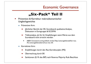 Economic Governance
                    „Six-Pack“ Teil II
•   Prävention & Korrektur makroökonomischer
    Ungleichgewichte
    •   Präventiver Arm:
        ➡       Jährlicher Bericht der EK, Scoreboard, qualitative Analyse,
                Diskussion in Eurogruppe & ECOFIN
        ➡       Tiefenanalyse, als GL für Empfehlungen wenn Werte aus dem
                Scoreboard nicht erreicht werden
            •     ABER: Grenzwerte sind großteils sinnlos! Bsp: Leistungsbilanzdeﬁzit max.
                  3%, Leistungsbilanzüberschuss max. 6%

    •   Korrektiver Arm:
        ➡       Empfehlungen durch den Rat, Korrekturplan (MS)
        ➡       Überwachung durch EK
        ➡       Sanktionen (0,1% des BIP) nach Reverse Majority Rule Beschluss
 