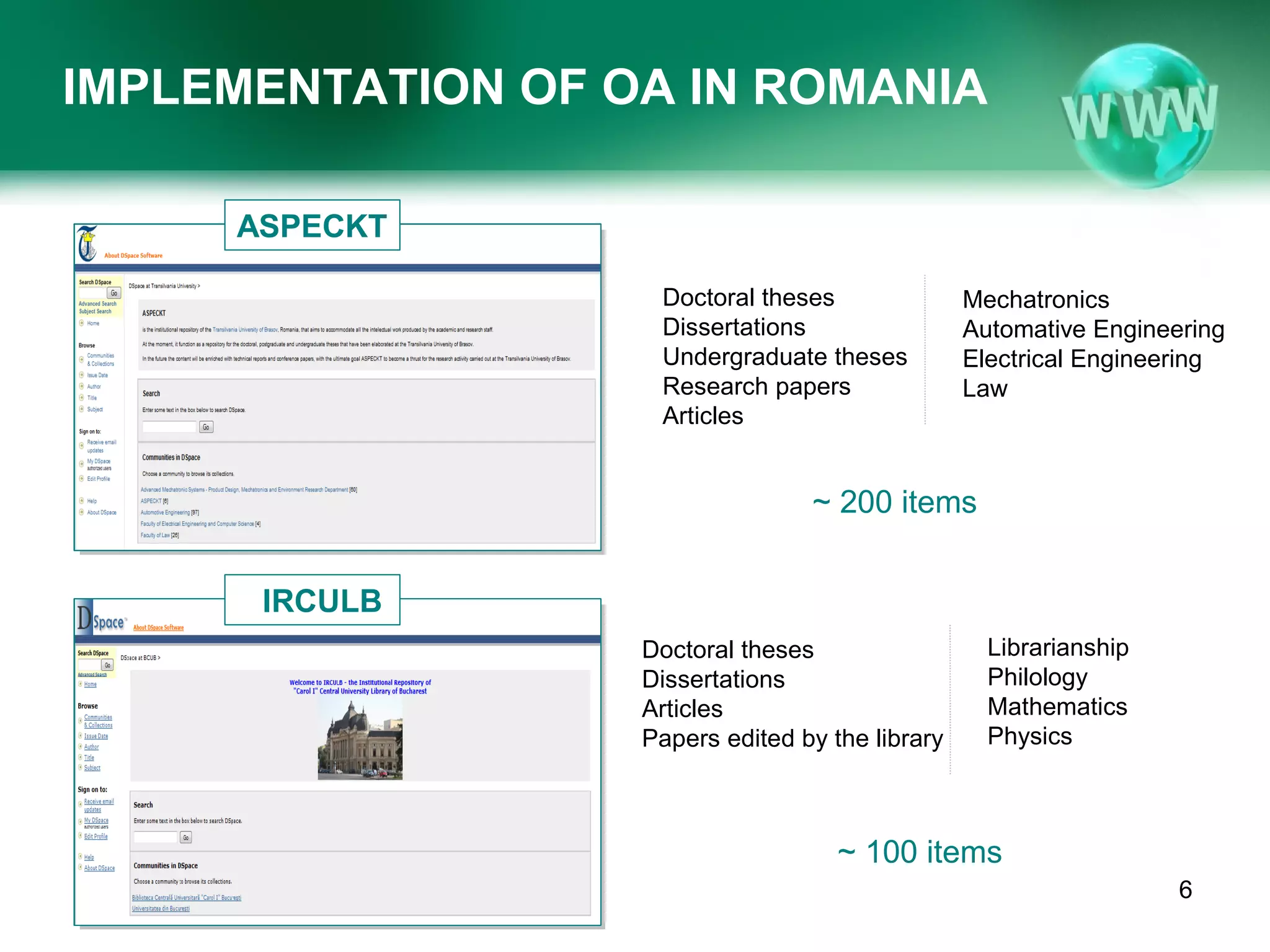 IMPLEMENTATION OF OA IN ROMANIA

     ASPECKT

                    Doctoral theses               Mechatronics
                    Dissertations                 Automative Engineering
                    Undergraduate theses          Electrical Engineering
                    Research papers               Law
                    Articles


                                  ~ 200 items


      IRCULB
                   Doctoral theses                  Librarianship
                   Dissertations                    Philology
                   Articles                         Mathematics
                   Papers edited by the library     Physics



                                     ~ 100 items
                                                                    6
 