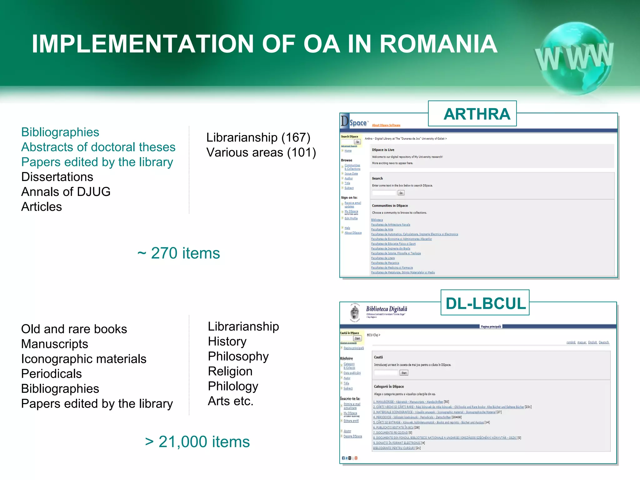 IMPLEMENTATION OF OA IN ROMANIA

                                                     ARTHRA
Bibliographies                 Librarianship (167)
Abstracts of doctoral theses   Various areas (101)
Papers edited by the library
Dissertations
Annals of DJUG
Articles


                     ~ 270 items


                                                     DL-LBCUL
Old and rare books             Librarianship
Manuscripts                    History
Iconographic materials         Philosophy
Periodicals                    Religion
Bibliographies                 Philology
Papers edited by the library   Arts etc.


                      > 21,000 items
 