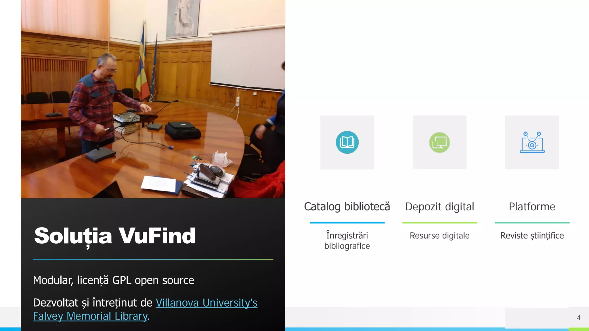 NAME OR LOGO
Soluția VuFind
Modular, licență GPL open source
Dezvoltat și întreținut de Villanova University's
Falvey Memorial Library.
Catalog bibliotecă
Înregistrări
bibliografice
Depozit digital
Resurse digitale
Platforme
Reviste științifice
4
 