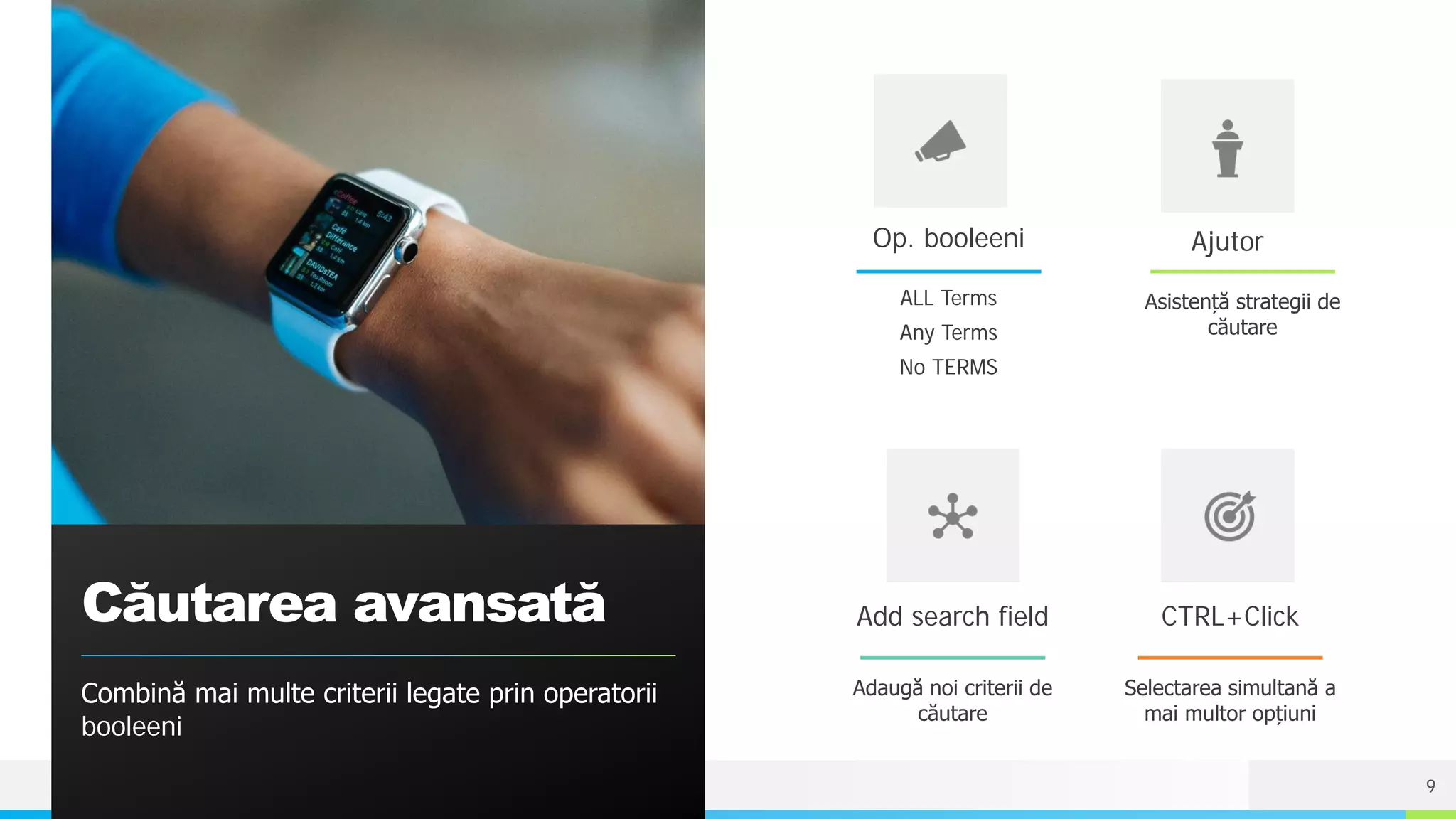 NAME OR LOGO
Căutarea avansată
Combină mai multe criterii legate prin operatorii
booleeni
Op. booleeni
ALL Terms
Any Terms
No TERMS
Ajutor
Asistență strategii de
căutare
Add search field
Adaugă noi criterii de
căutare
CTRL+Click
Selectarea simultană a
mai multor opțiuni
9
 