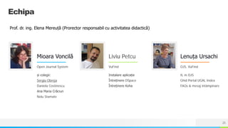 NAME OR LOGO
Echipa
Mioara Voncilă
Open Journal System
și colegii:
Sergiu Obreja
Daniela Costinescu
Ana Maria Crăciun
Nelu Stamate
Liviu Petcu
VuFind
Instalare aplicație
Întreținere DSpace
Întreținere Koha
Lenuța Ursachi
OJS, VuFind
IL în OJS
Ghid Portal UGAL Index
FAQs & mesaj întâmpinare
25
Prof. dr. ing. Elena Mereuță (Prorector responsabil cu activitatea didactică)
 