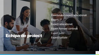 NAME OR LOGO
Echipa de proiect
Coordonator experți educaționali
Experți IT
Experți educaționali
Expert formare continuă
Expert jurist
Experți calitate
3
 