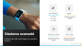 NAME OR LOGO
Căutarea avansată
Combină mai multe criterii legate prin operatorii
booleeni
Op. booleeni
ALL Terms
Any Terms
No TERMS
Ajutor
Asistență strategii de
căutare
Add search field
Adaugă noi criterii de
căutare
CTRL+Click
Selectarea simultană a
mai multor opțiuni
9
 