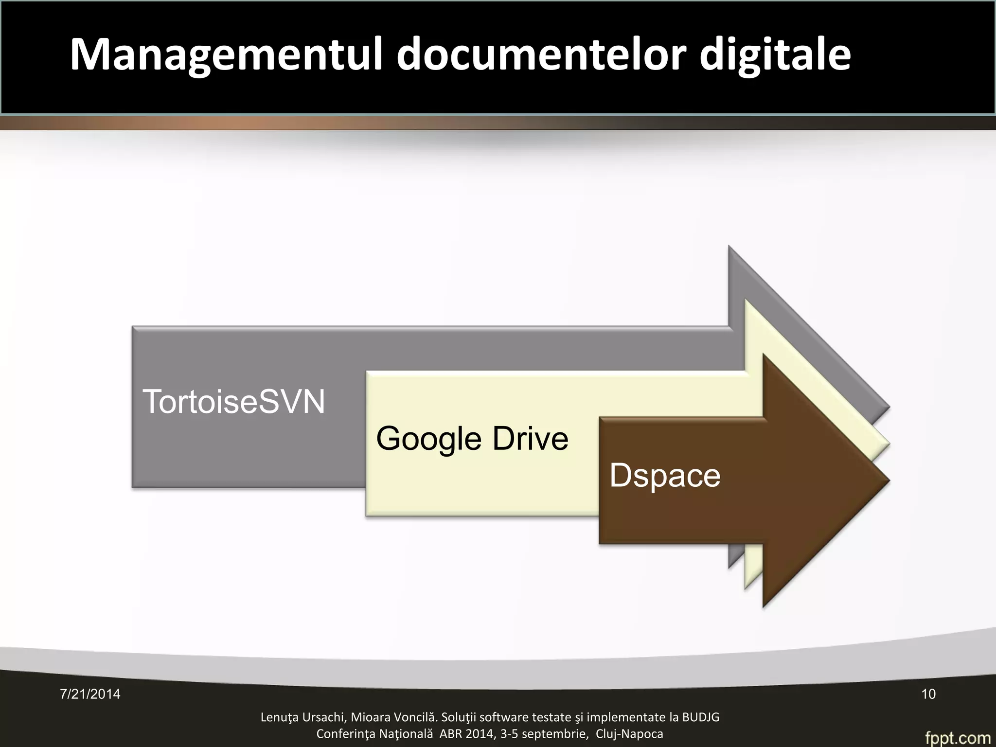 Lenuţa Ursachi, Mioara Voncilă. Soluţii software testate şi implementate la BUDJG 
Conferinţa Naţională ABR 2014, 3-5 septembrie, Cluj-Napoca 7/21/2014 10 
TortoiseSVN 
Google Drive 
Dspace 
Managementul documentelor digitale  