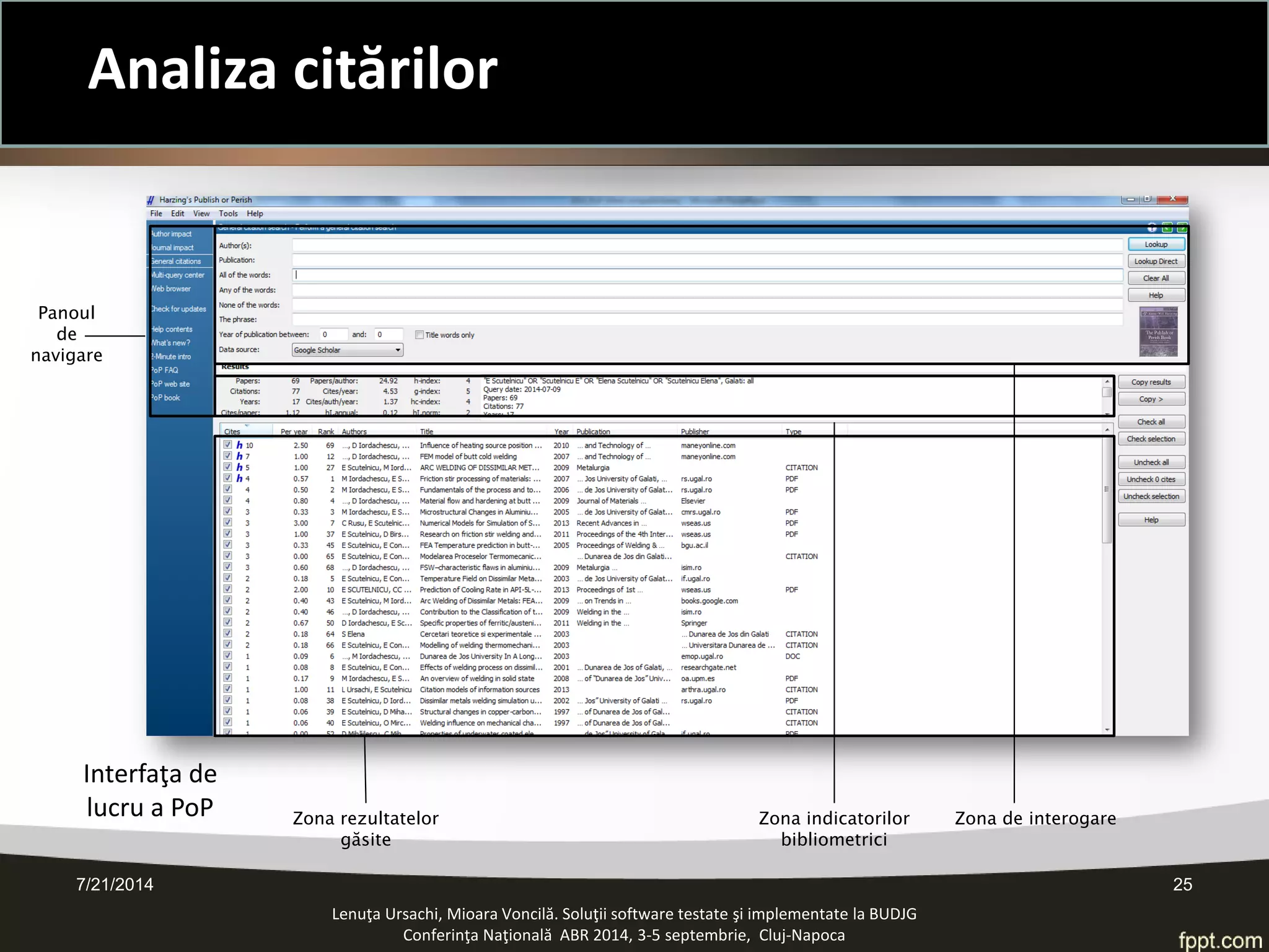 Panoul 
de navigare 
Zona rezultatelor găsite 
Zona indicatorilor bibliometrici 
Zona de interogare 
Lenuţa Ursachi, Mioara Voncilă. Soluţii software testate şi implementate la BUDJG 
Conferinţa Naţională ABR 2014, 3-5 septembrie, Cluj-Napoca 
Interfaţa de lucru a PoP 7/21/2014 25 
Analiza citărilor  