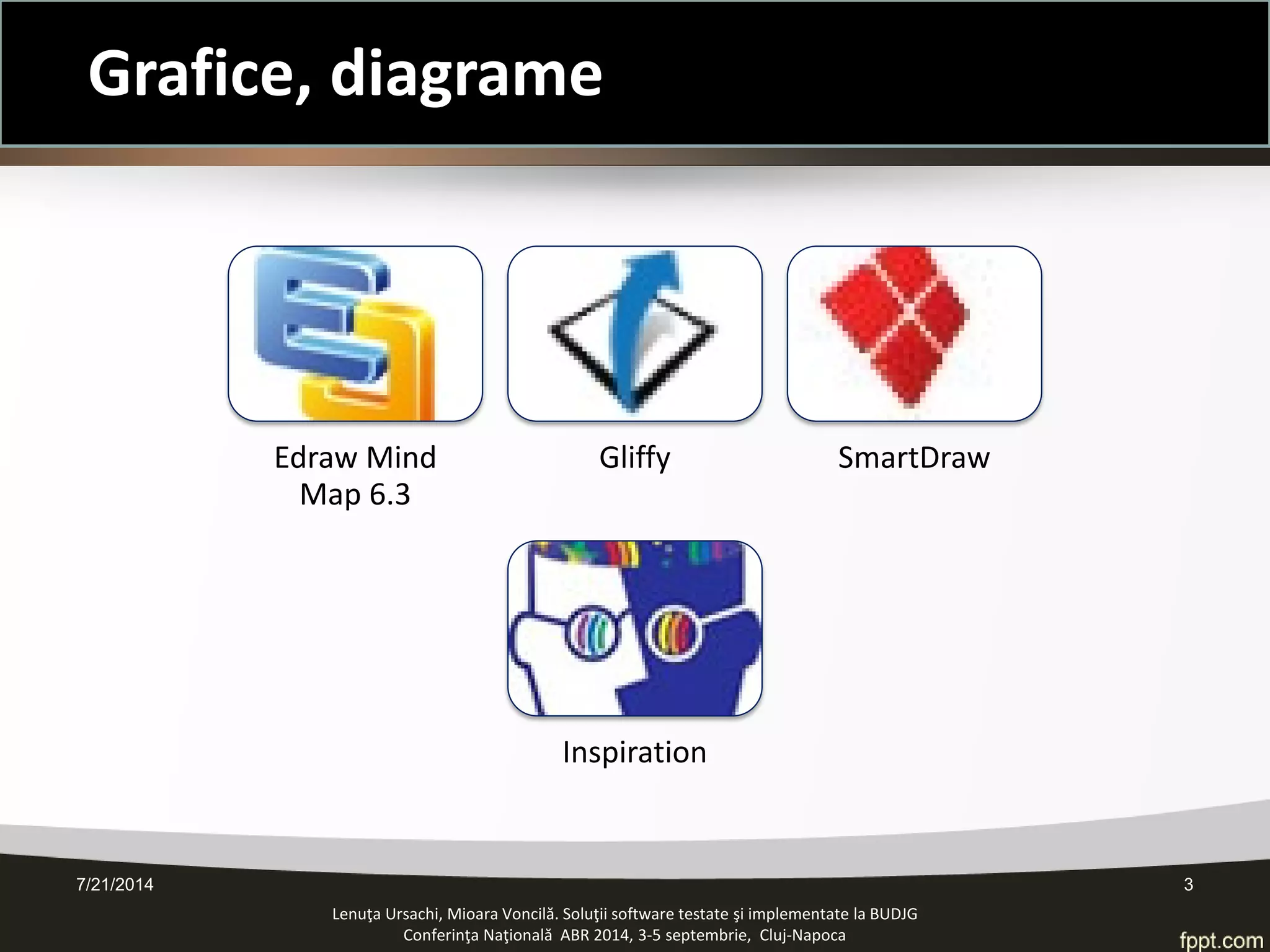 Grafice, diagrame 
Lenuţa Ursachi, Mioara Voncilă. Soluţii software testate şi implementate la BUDJG 
Conferinţa Naţională ABR 2014, 3-5 septembrie, Cluj-Napoca 
7/21/2014 
3 
Edraw Mind Map 6.3 
Gliffy 
SmartDraw 
Inspiration  