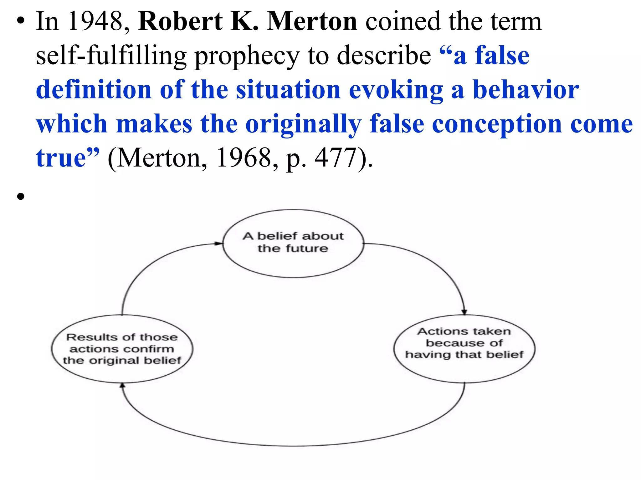 • In 1948, Robert K. Merton coined the term
self-fulfilling prophecy to describe “a false
definition of the situation evoking a behavior
which makes the originally false conception come
true” (Merton, 1968, p. 477).
•
 