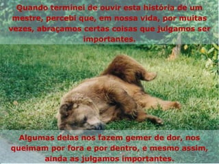 Quando terminei de ouvir esta história de um mestre, percebi que, em nossa vida, por muitas vezes, abraçamos certas coisas que julgamos ser importantes. Algumas delas nos fazem gemer de dor, nos queimam por fora e por dentro, e mesmo assim, ainda as julgamos importantes. 